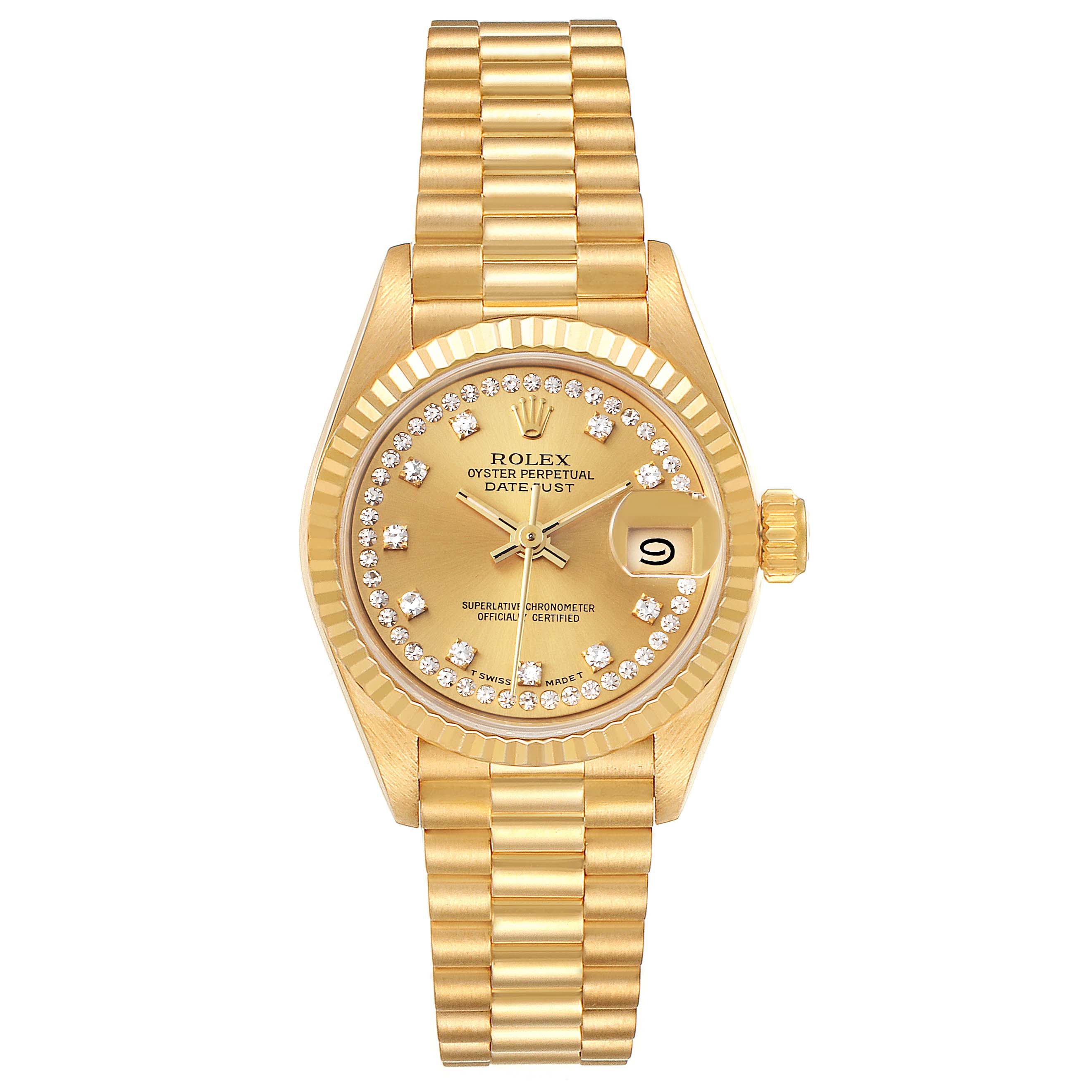 This image shows a front view of the Rolex President 69178 Women's Yellow Gold Champagne Dial 69178 Women's Yellow Gold Champagne Dial model watch, displaying its gold dial, date window, and diamond accents.