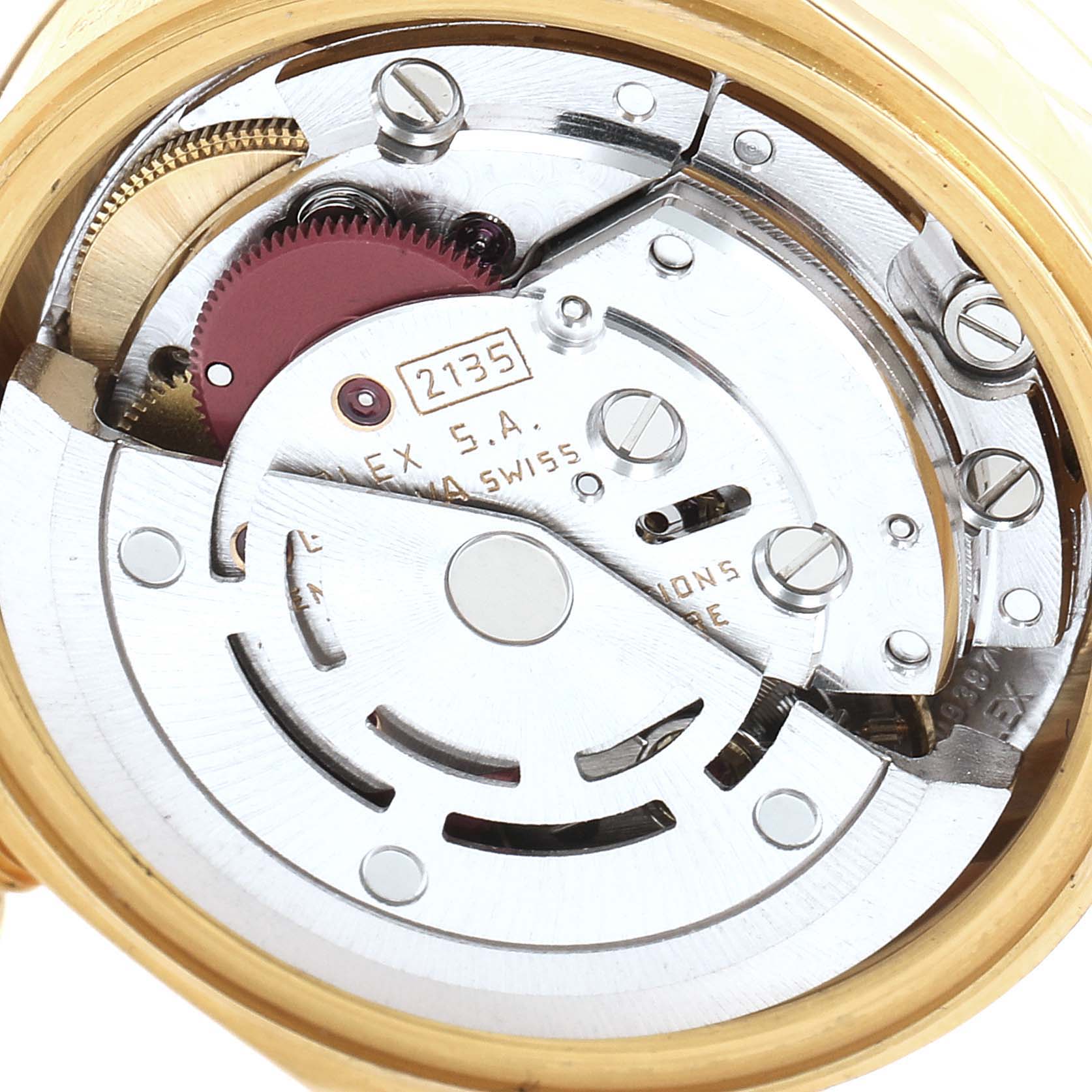 This image shows the inner mechanical movement of a Rolex President 69178 Women's Yellow Gold Champagne Dial 69178 Women's Yellow Gold Champagne Dial model watch from a close-up, top-down angle.