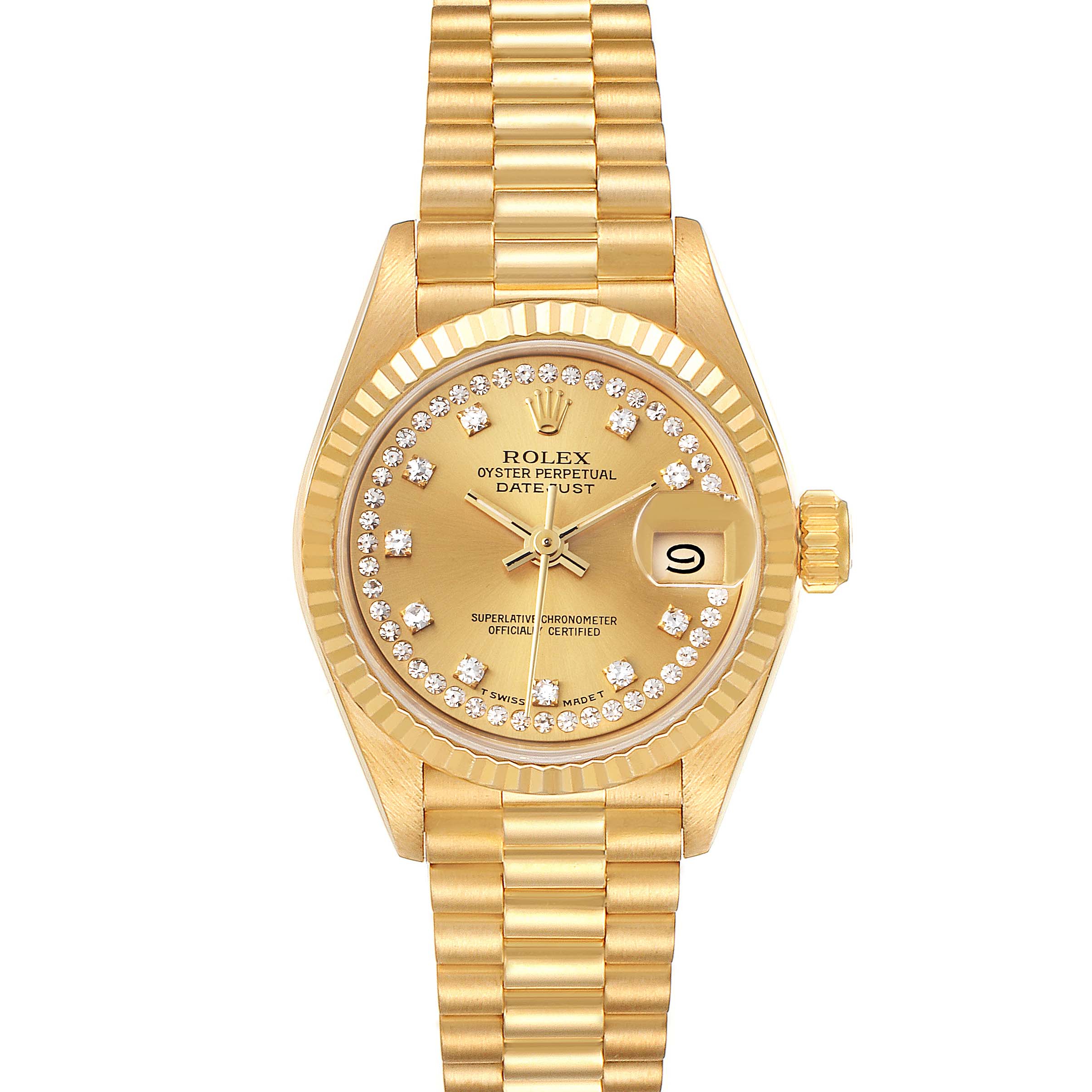 The image shows a front view of the Rolex President 69178 Women's Yellow Gold Champagne Dial 69178 Women's Yellow Gold Champagne Dial model watch, displaying the face, dial, bezel, and part of the bracelet.