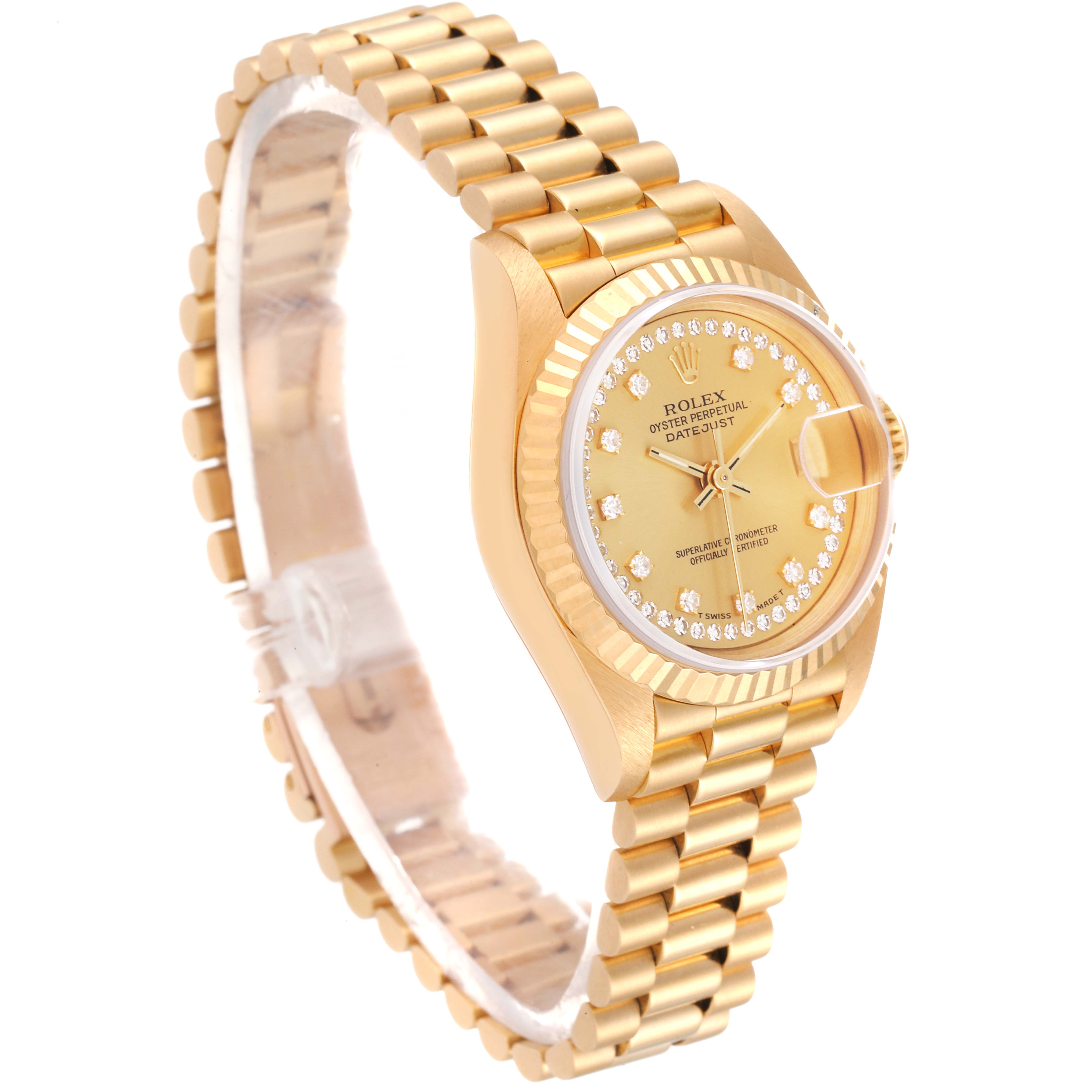 The Rolex President 69178 Women's Yellow Gold Champagne Dial 69178 Women's Yellow Gold Champagne Dial model watch is shown at an angled side view, highlighting its gold bracelet and diamond-studded dial.