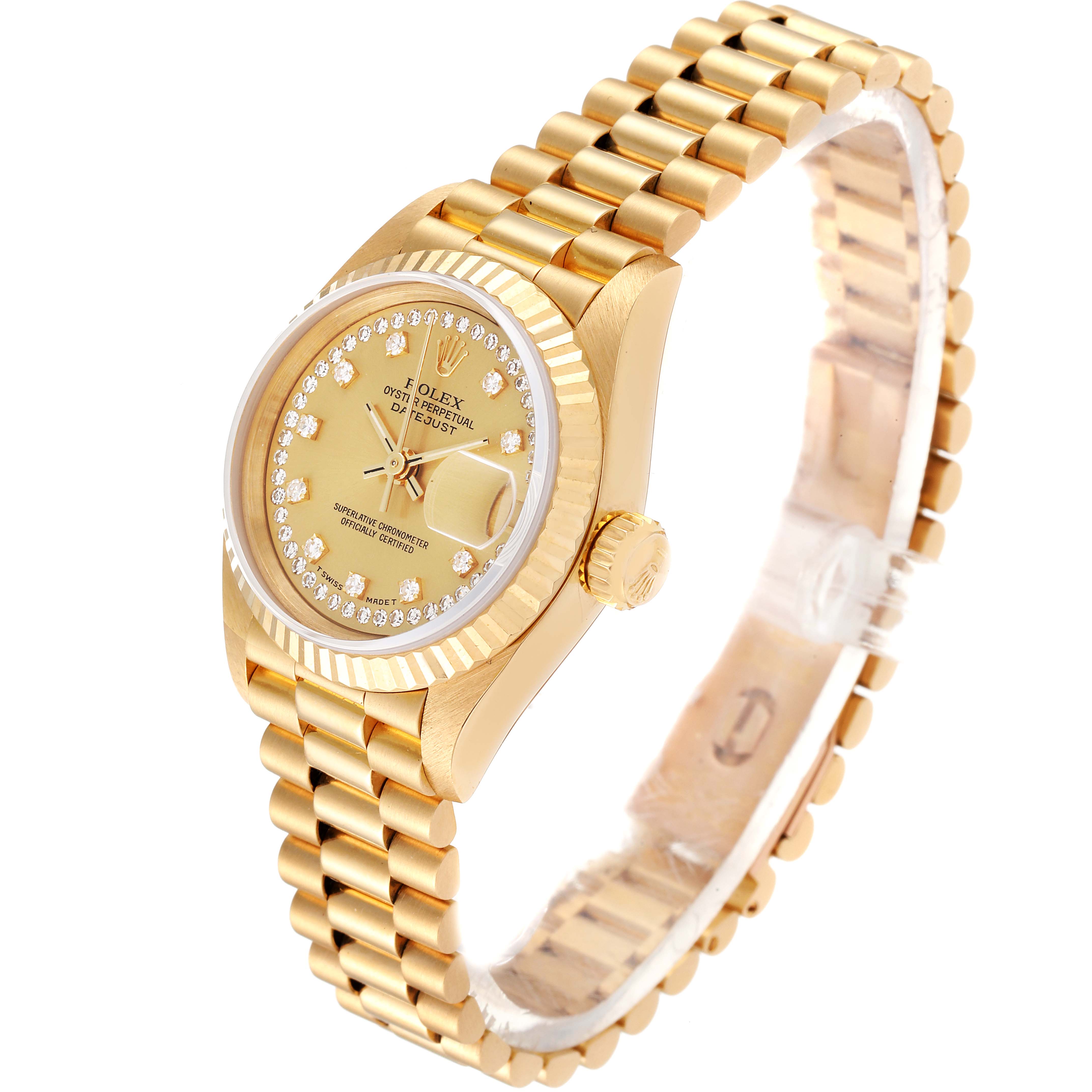 The image shows a side and front angle of a Rolex President 69178 Women's Yellow Gold Champagne Dial 69178 Women's Yellow Gold Champagne Dial model watch, highlighting its gold case, dial, bezel, and bracelet.