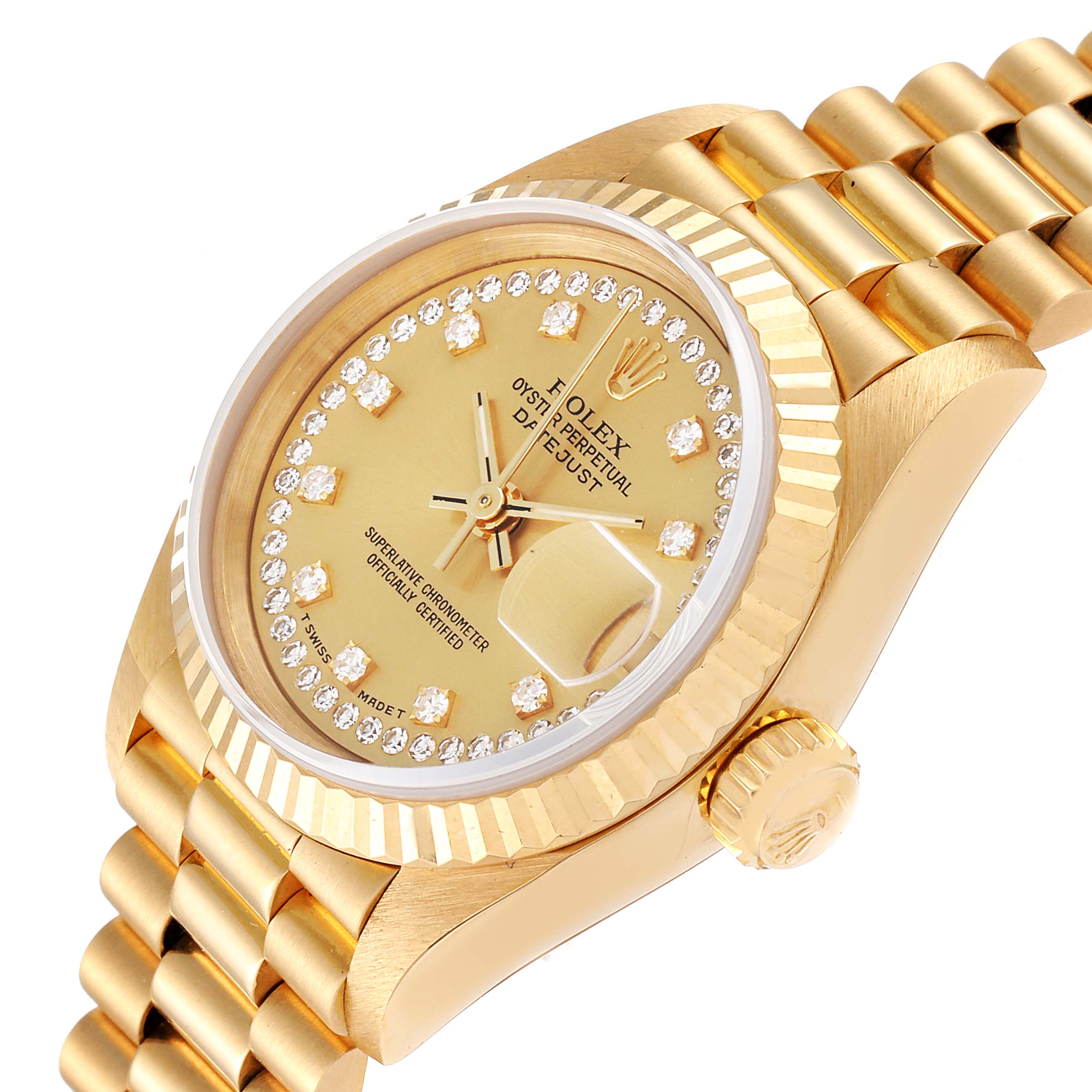 The image shows a close-up of a Rolex President 69178 Women's Yellow Gold Champagne Dial 69178 Women's Yellow Gold Champagne Dial model watch at an oblique angle, highlighting the dial, bezel, and part of the bracelet.