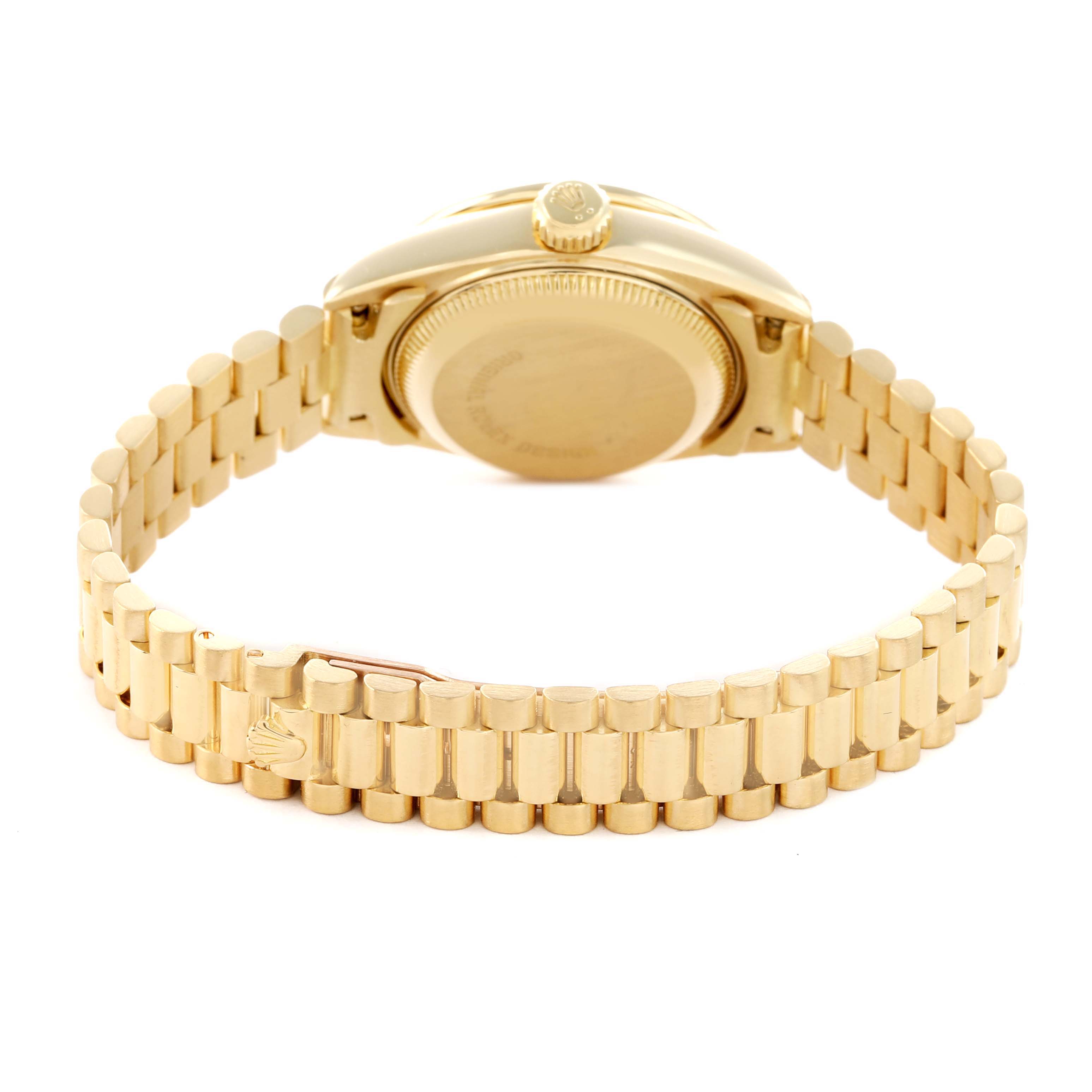 The image shows the back view of the Rolex President 69138 Women
s Yellow Gold Silver Dial watch, highlighting the bracelet and case back.