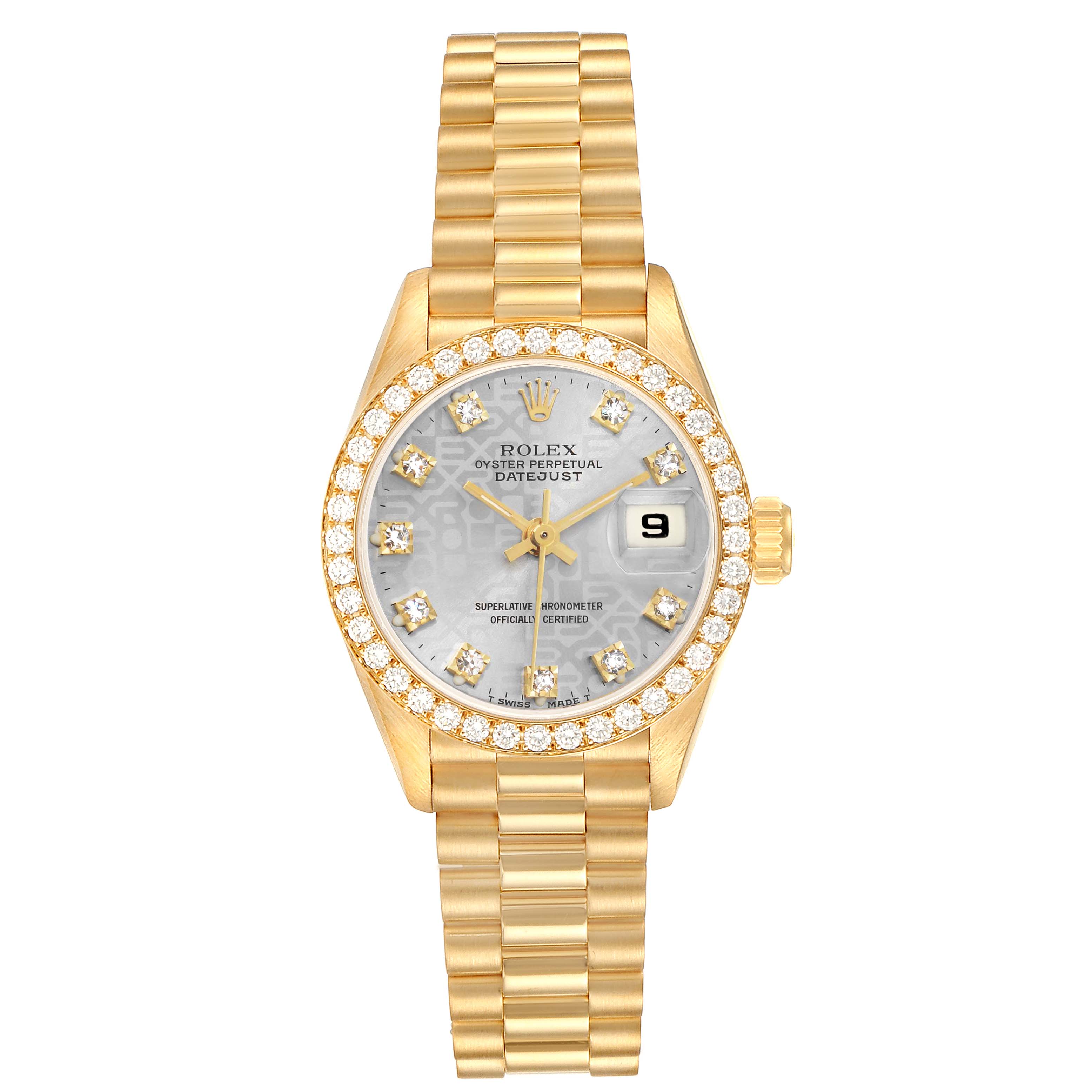 The Rolex President 69138 Women
s Yellow Gold Silver Dial model is shown from the front, displaying the gold bracelet, diamond bezel, dial, and date feature.