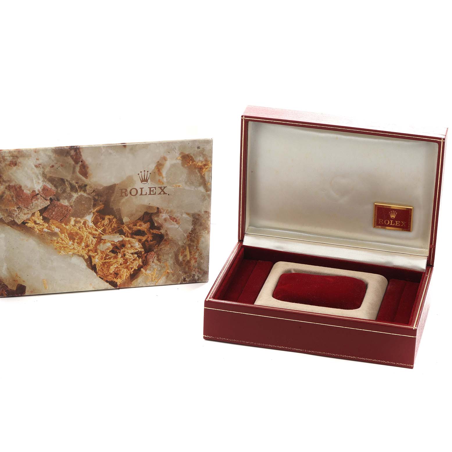 The image shows the open box and booklet for the Rolex President 69138 Women
s Yellow Gold Silver Dial model.