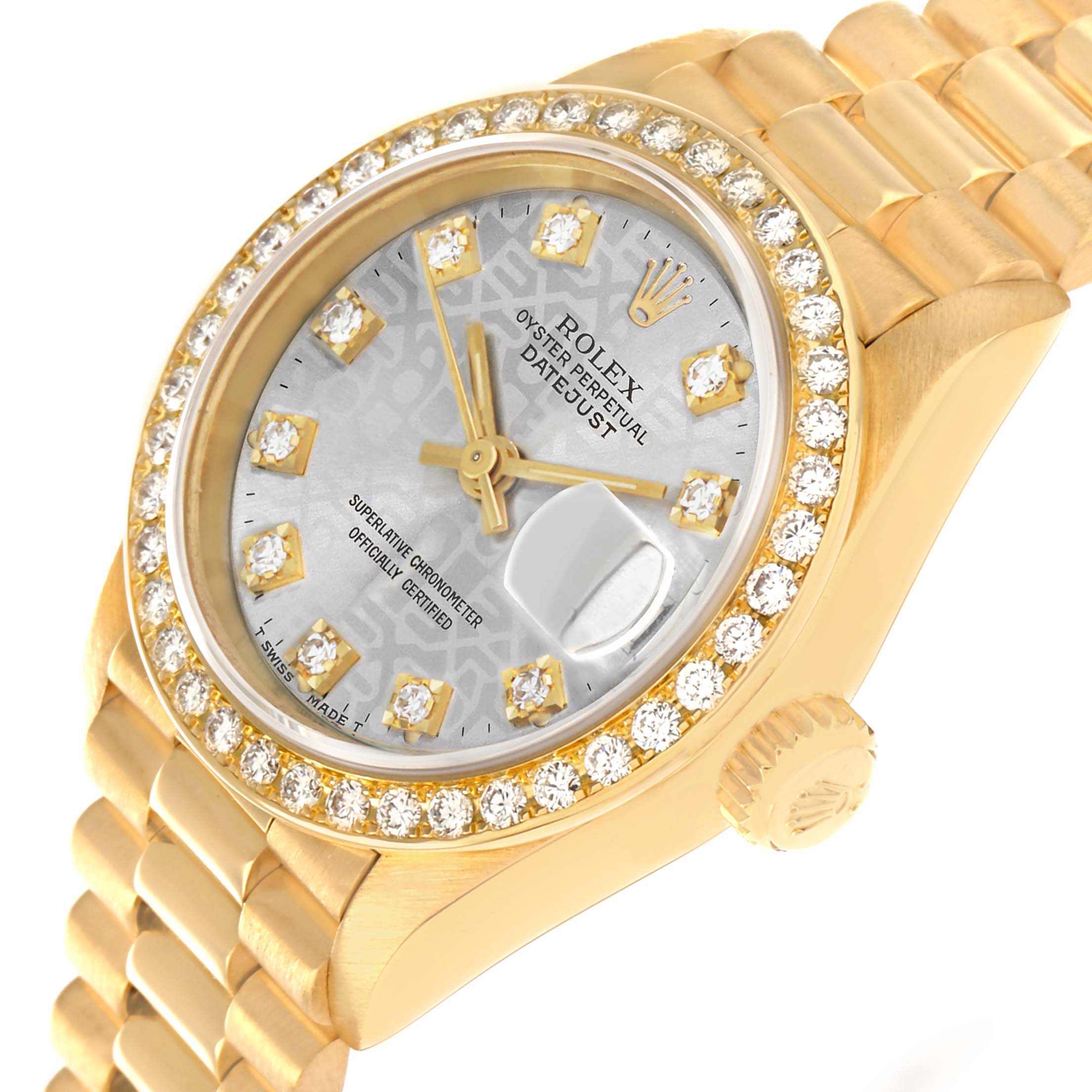 The Rolex President 69138 Women
s Yellow Gold Silver Dial model watch is shown at a three-quarter view highlighting the bezel, dial, bracelet, and crown.