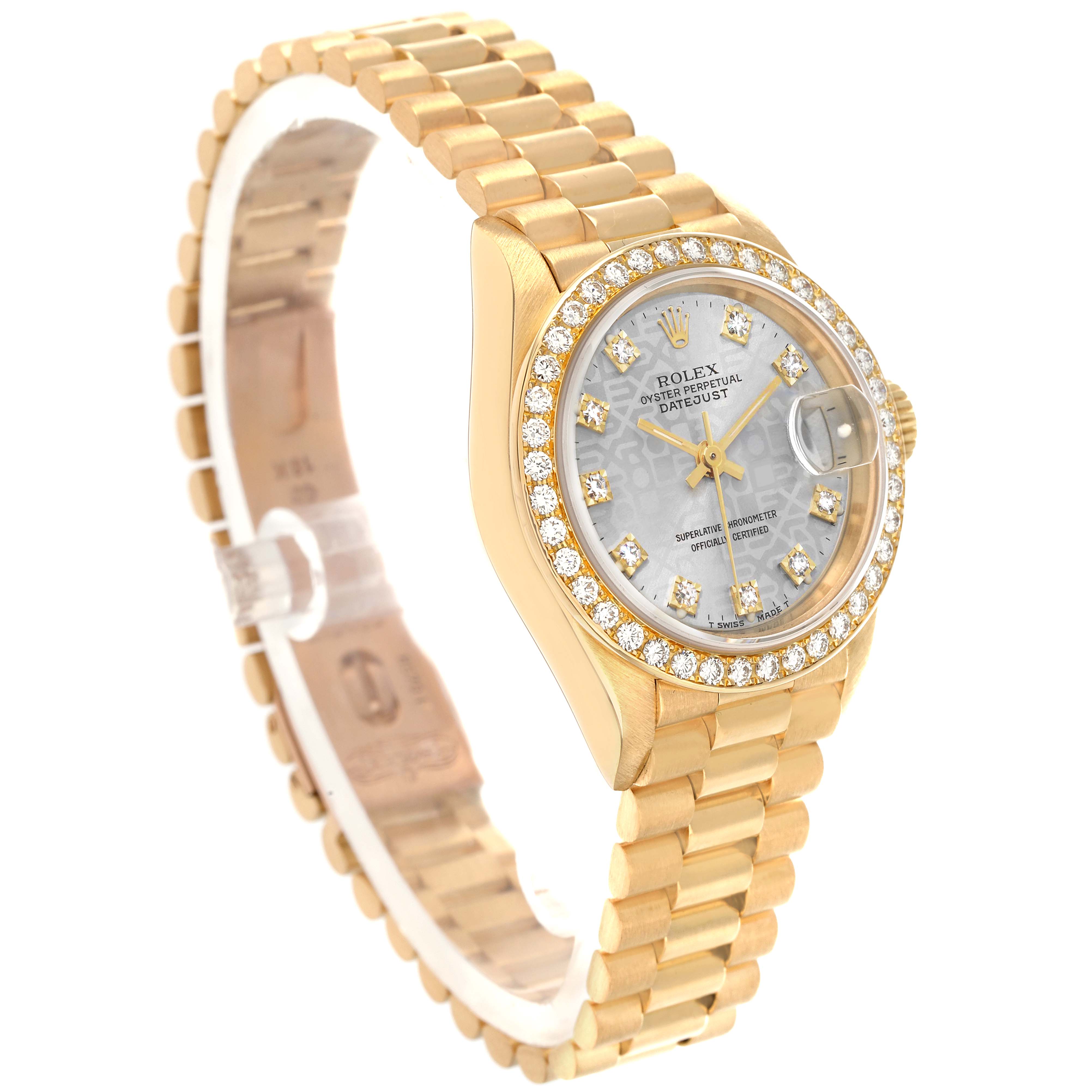 The Rolex President 69138 Women
s Yellow Gold Silver Dial model watch is shown at a three-quarter angle, highlighting the bracelet, bezel, and face.