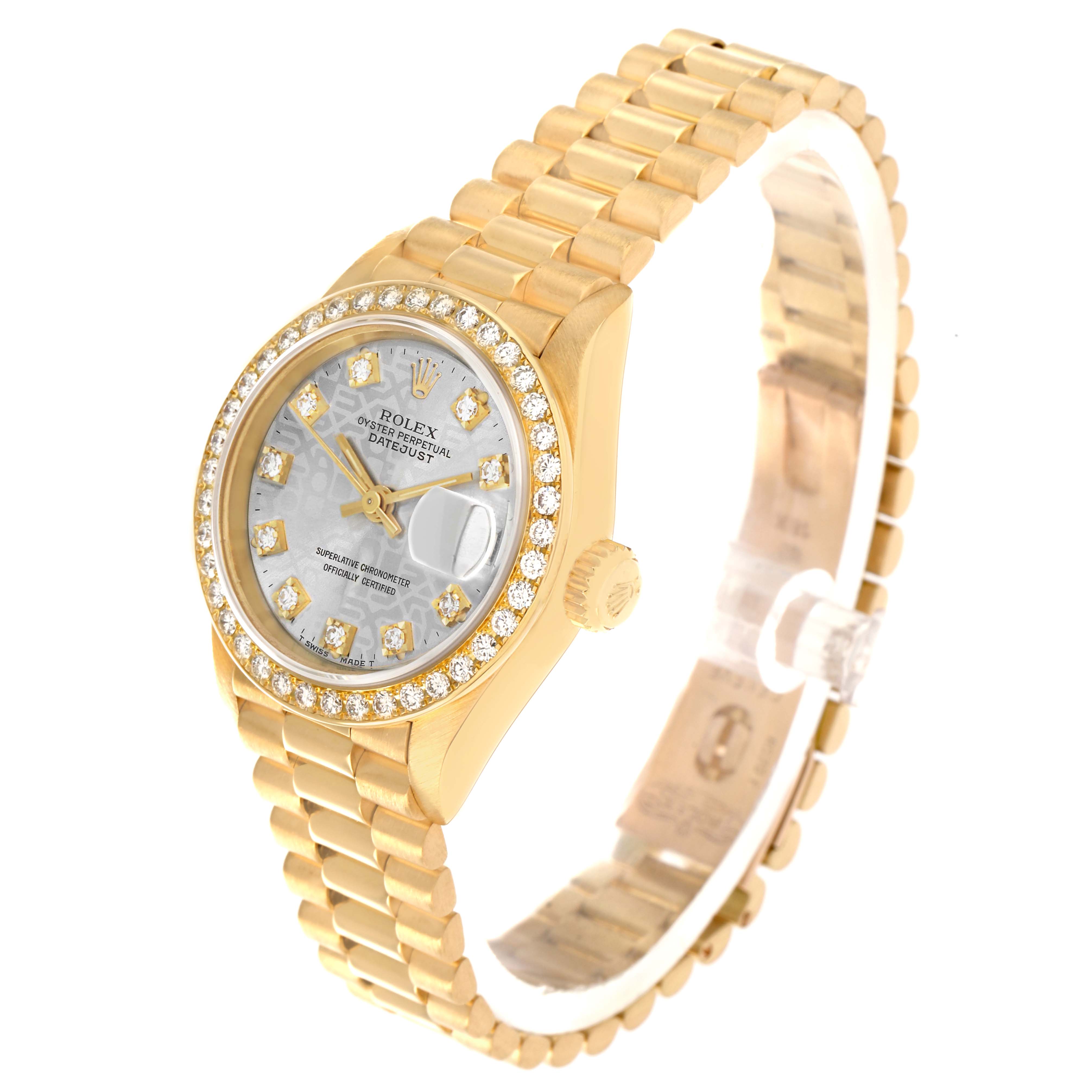 The Rolex President 69138 Women
s Yellow Gold Silver Dial model is shown at a three-quarter angle, highlighting the bracelet, bezel, and face.