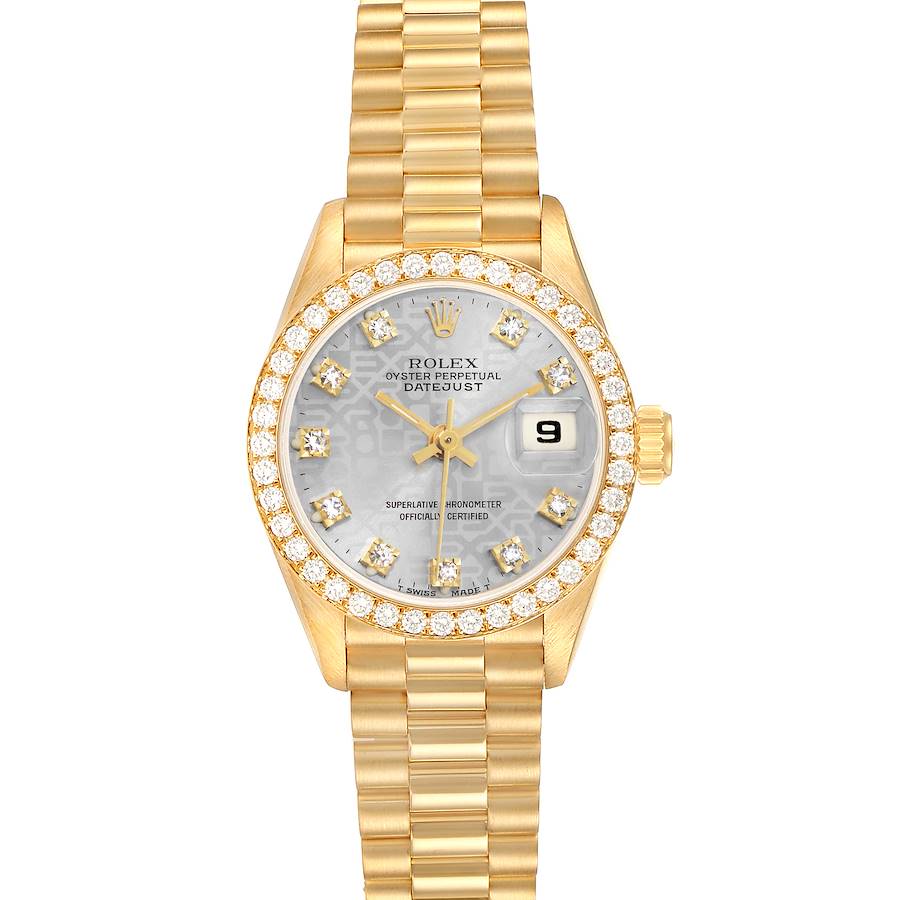 The Rolex President 69138 Women's Yellow Gold Silver Dial model is shown from a front angle, featuring a gold bracelet and a diamond-studded bezel.