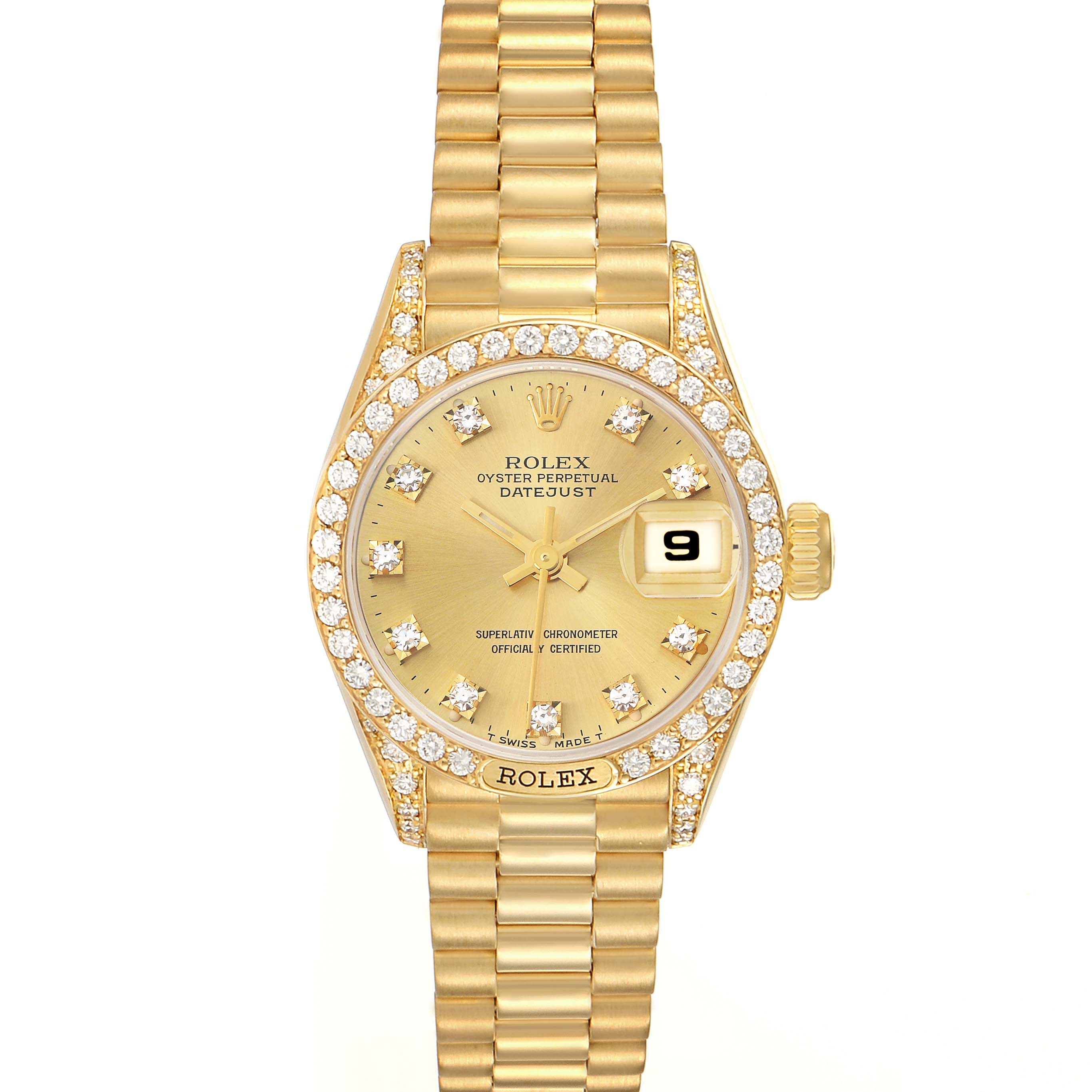 The Rolex President 69158 Women
s Yellow Gold Champagne Dial model is shown from a top-down angle, displaying the gold bracelet, diamond bezel, and dial.