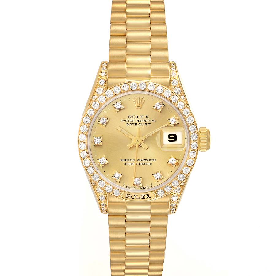 The Rolex President 69158 Women's Yellow Gold Champagne Dial model is shown from a top-down angle, displaying the gold bracelet, diamond bezel, and dial.
