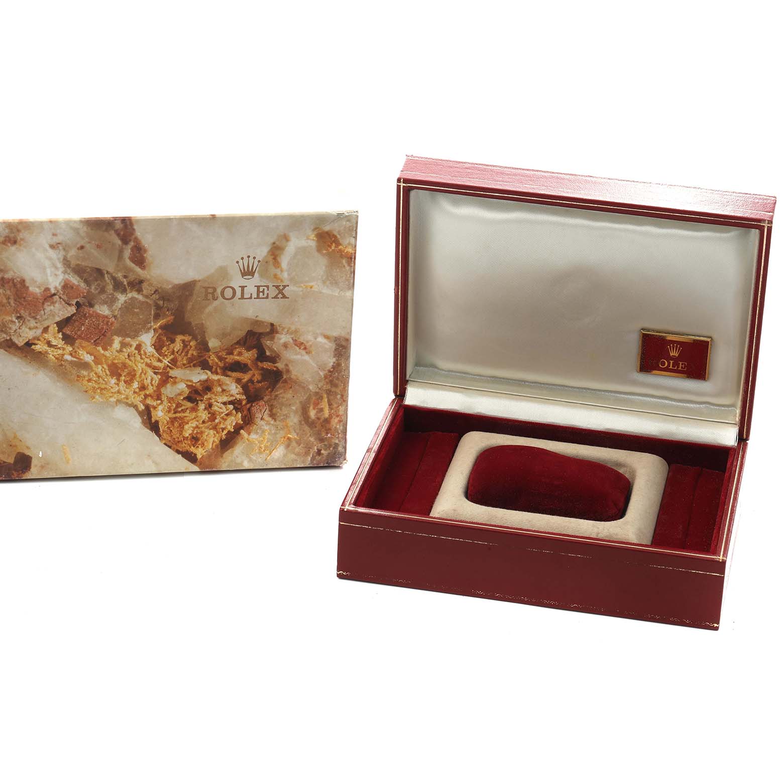 The image shows a Rolex President 69158 Women
s Yellow Gold Champagne Dial model box at an angle, displaying the interior and an outer cover.