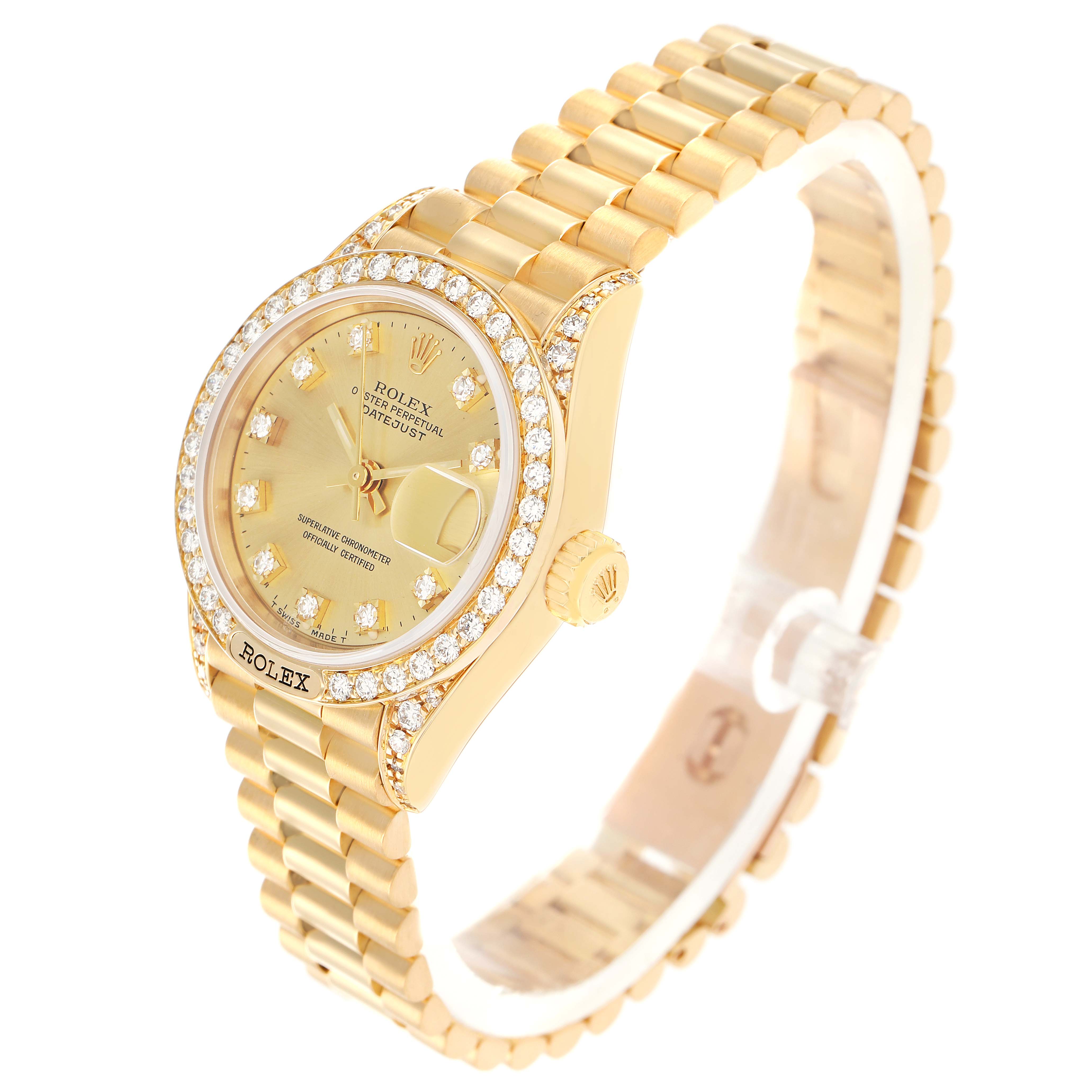 The Rolex President 69158 Women
s Yellow Gold Champagne Dial watch is shown at a three-quarter angle displaying its gold case, diamond-set bezel, and presidential bracelet.