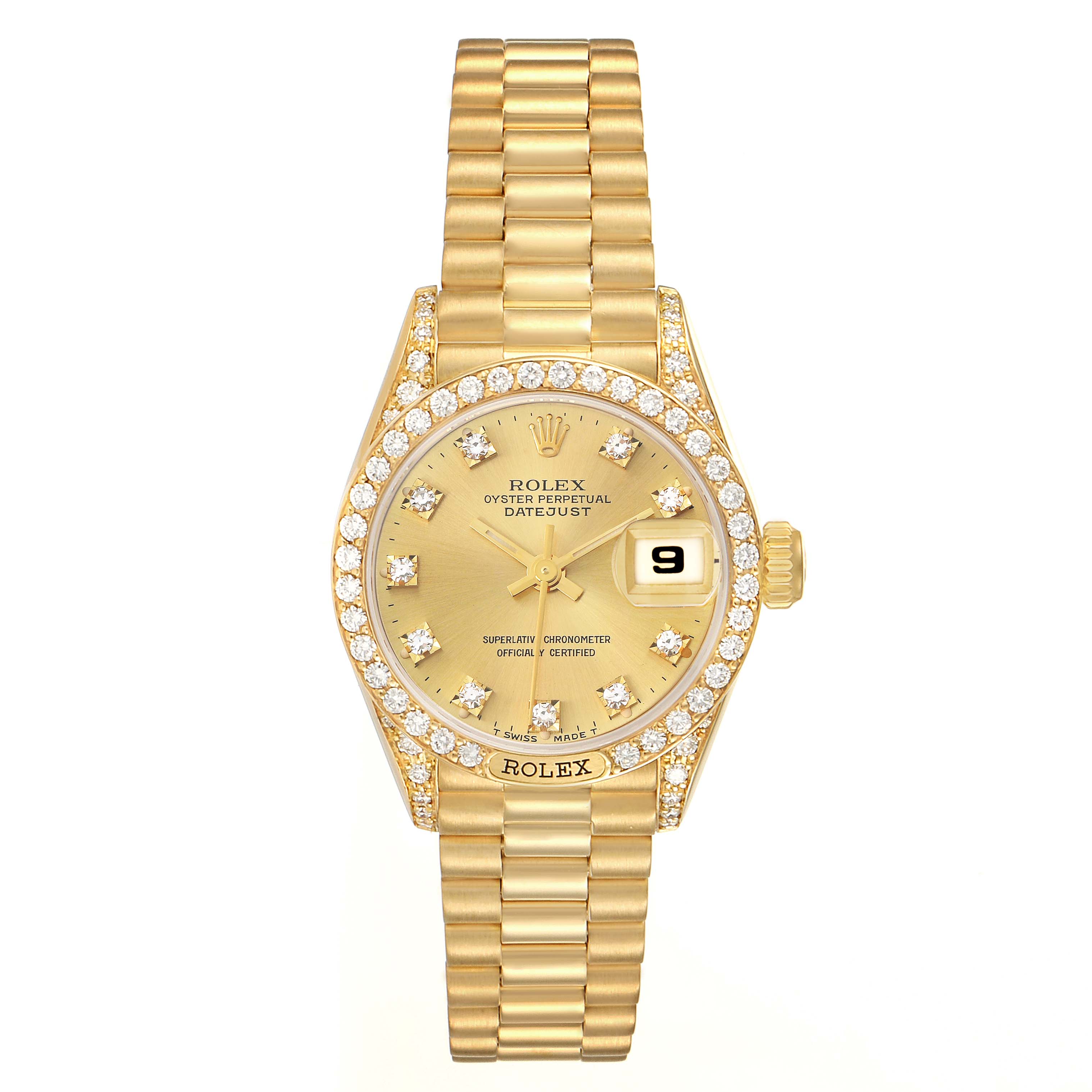 The Rolex President 69158 Women
s Yellow Gold Champagne Dial model watch is shown from the front, displaying the face, bezel with diamonds, bracelet, and date window.