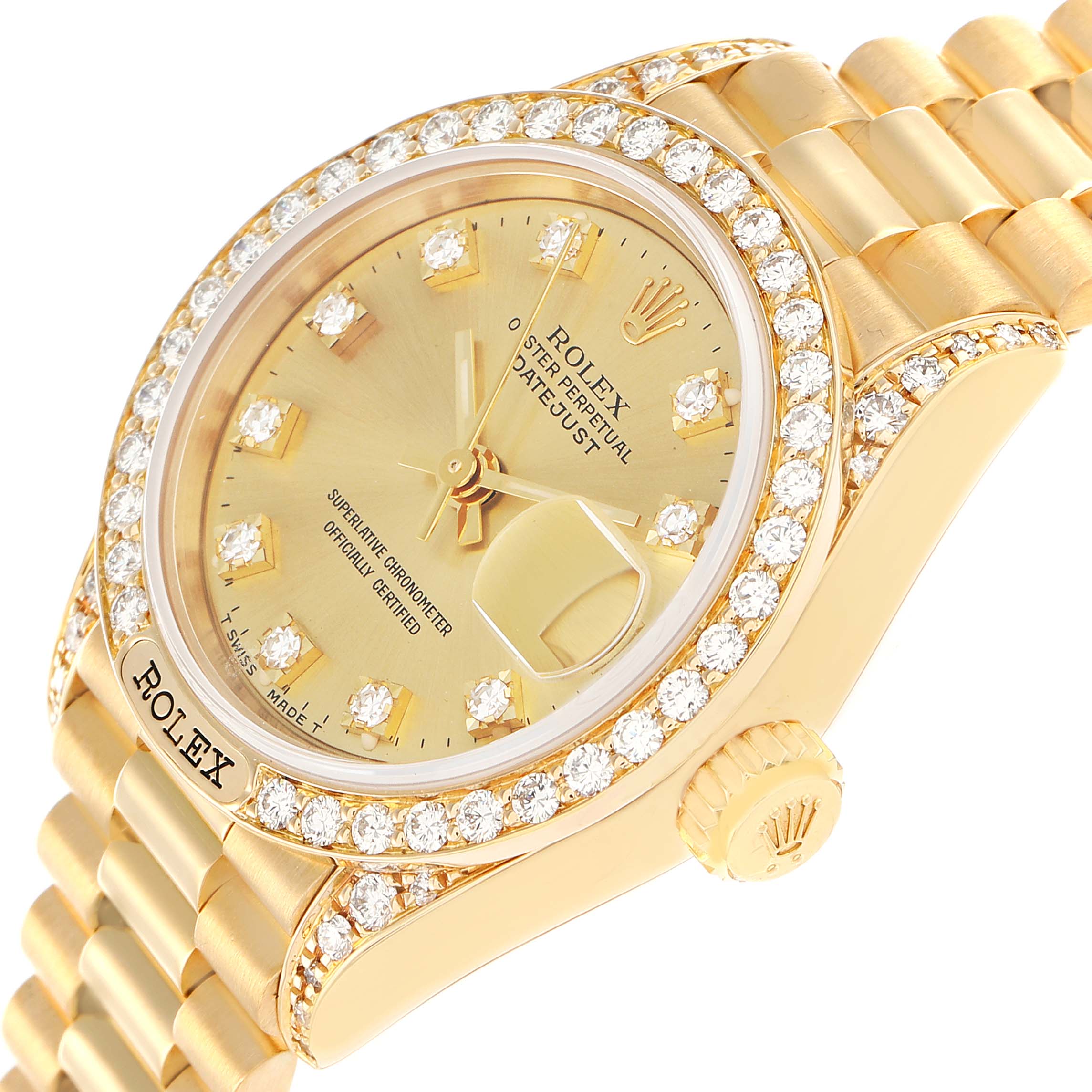 The Rolex President 69158 Women
s Yellow Gold Champagne Dial model watch is shown at an oblique angle, highlighting the diamond bezel, dial, bracelet, and crown.