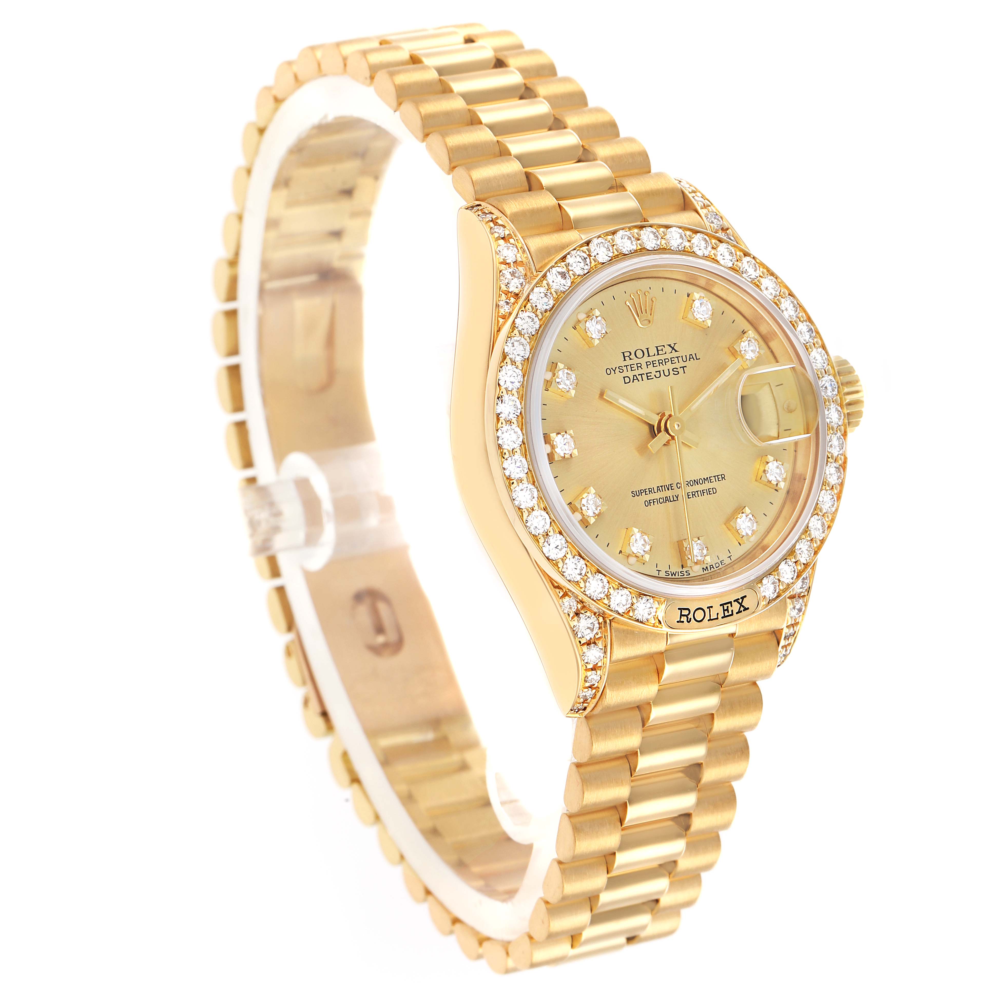 The Rolex President 69158 Women
s Yellow Gold Champagne Dial model watch is shown at an angled view, displaying the bracelet, bezel, dial, and crown.