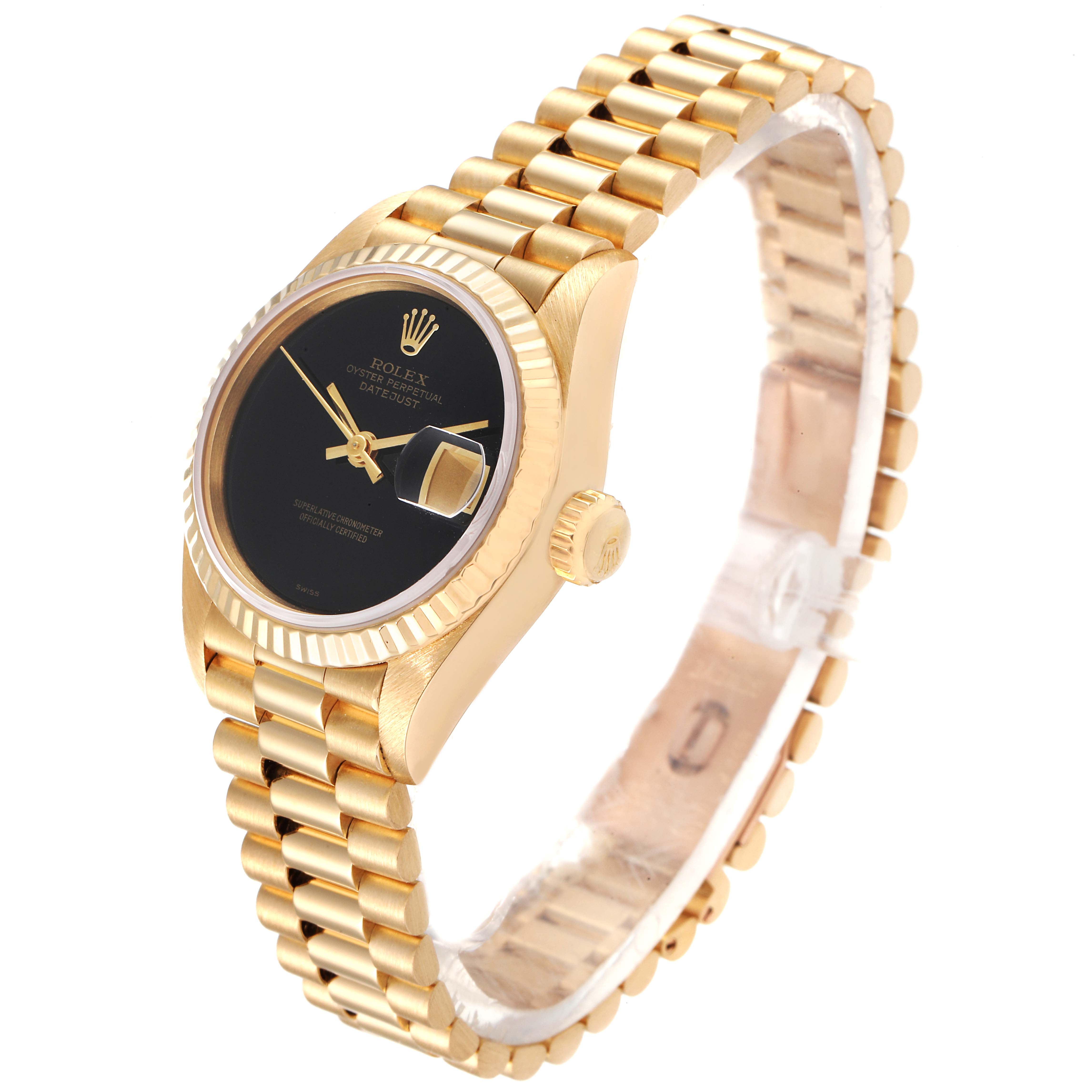 This angle showcases the Rolex President 69178 Women's Yellow Gold Black Dial 69178 Women's Yellow Gold Black Dial model, highlighting its black dial, fluted bezel, and gold bracelet.