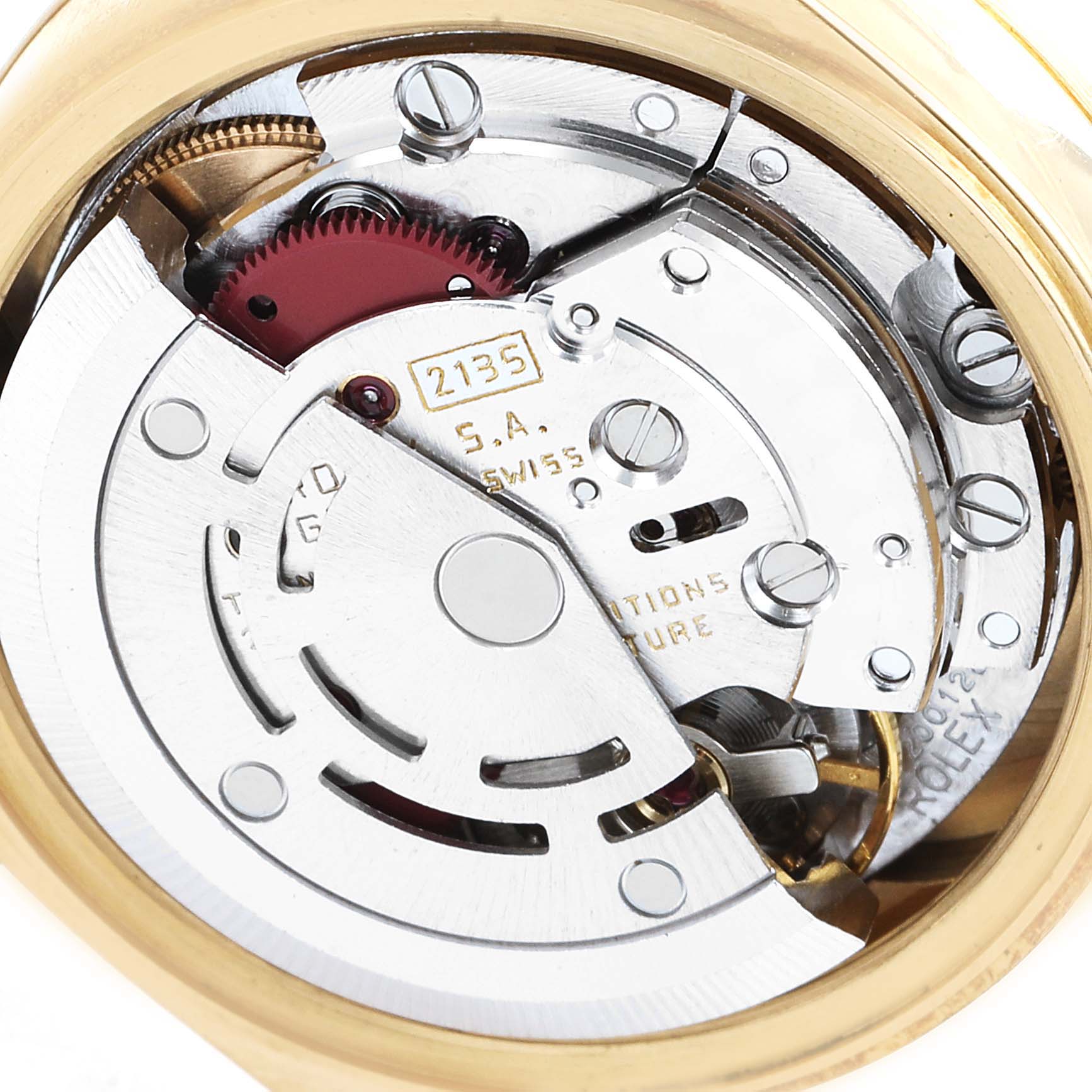This image shows the internal mechanism of a Rolex President 69178 Women's Yellow Gold Black Dial 69178 Women's Yellow Gold Black Dial model watch, viewed from the back.