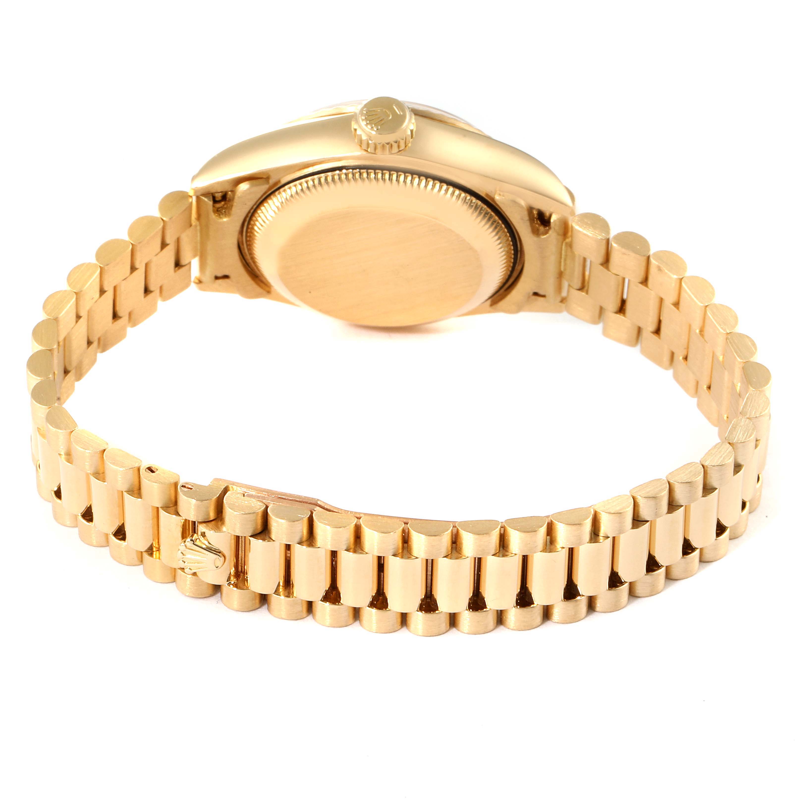 The image shows the backside of the Rolex President 69178 Women's Yellow Gold Black Dial 69178 Women's Yellow Gold Black Dial watch, focusing on the case back and the gold bracelet.
