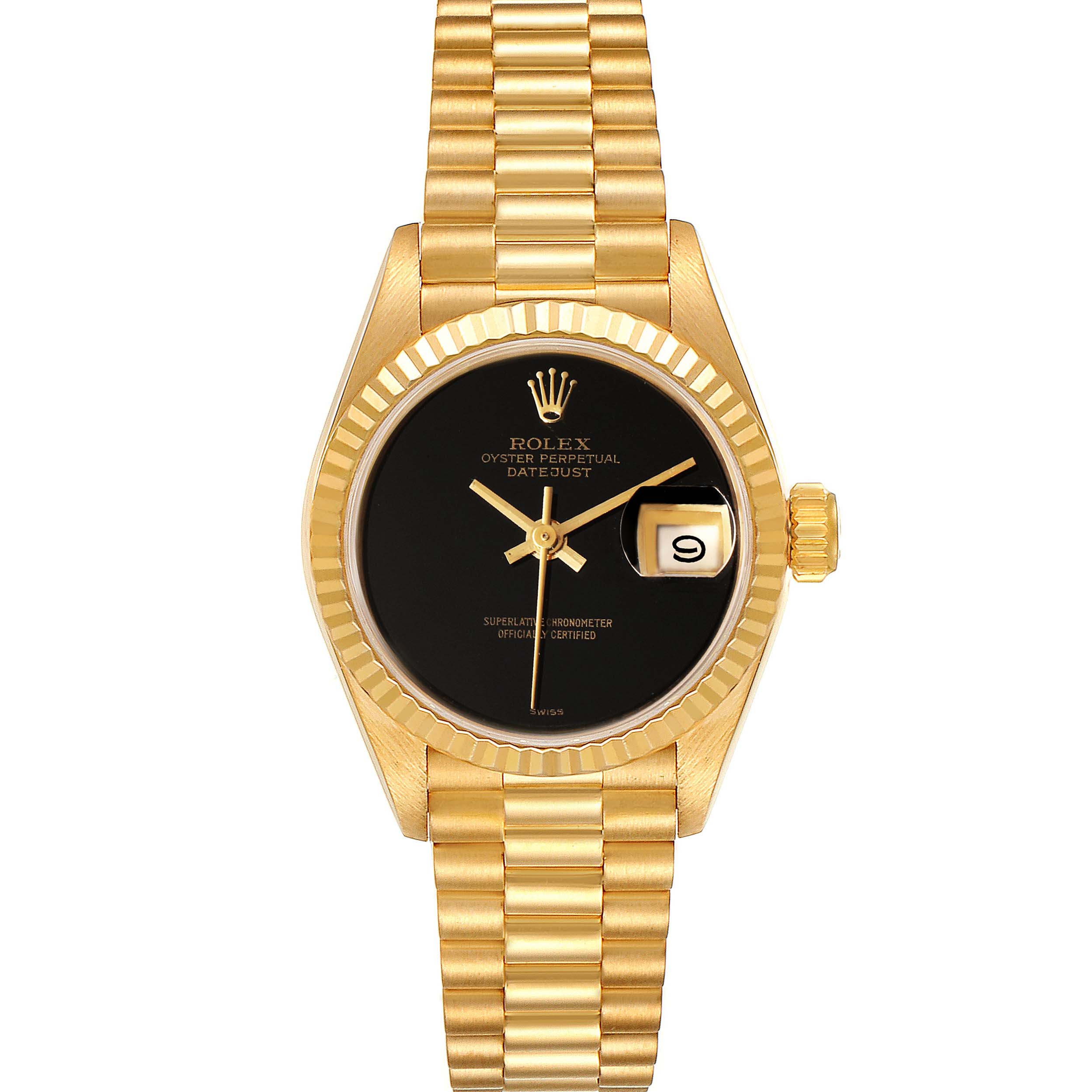 This image shows a frontal view of the Rolex President 69178 Women's Yellow Gold Black Dial 69178 Women's Yellow Gold Black Dial model watch, displaying its dial, bezel, and bracelet.