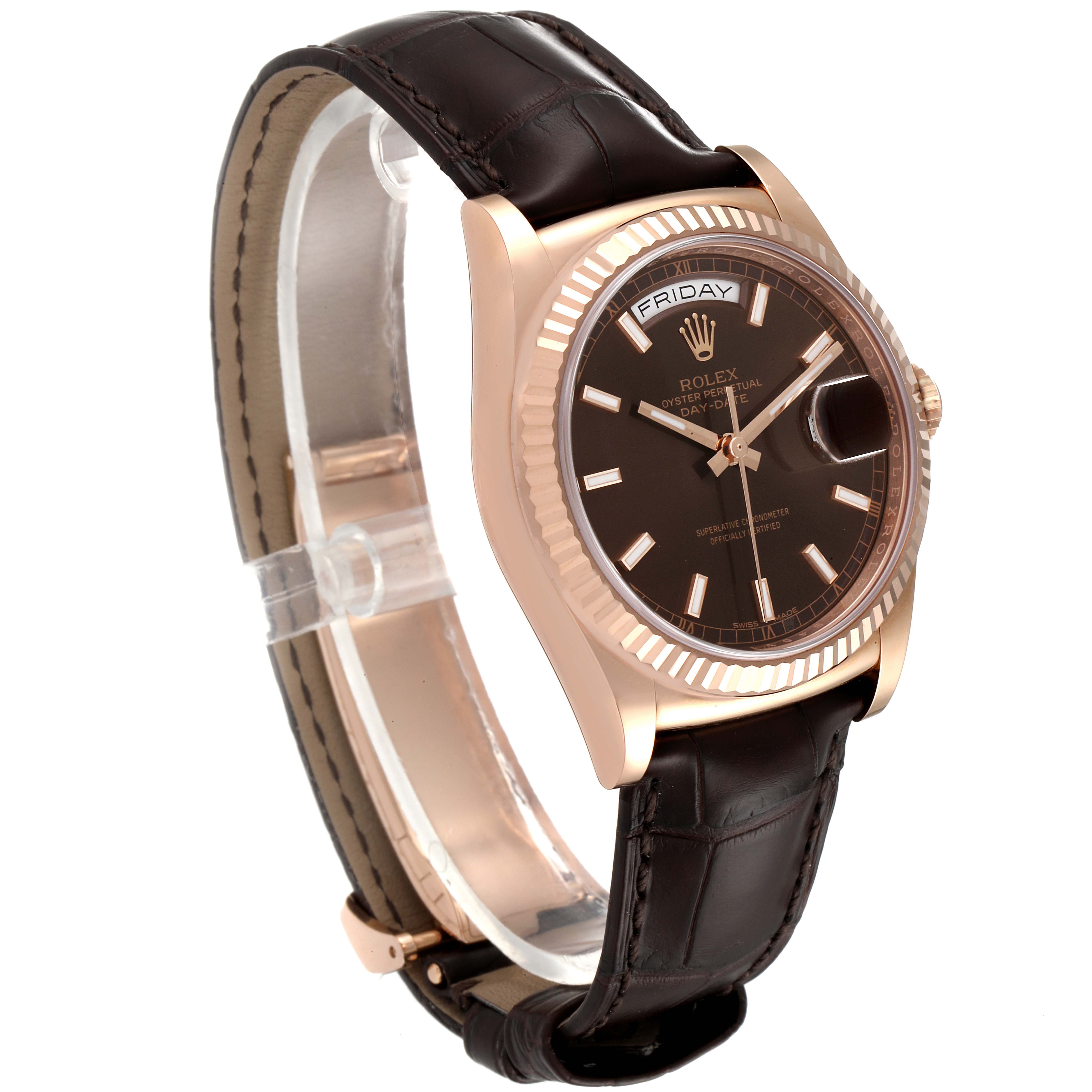 This image shows a side angle of a Rolex President 118135 Men's Rose Gold Brown Dial 118135 Men's Rose Gold Brown Dial model watch, featuring the case, dial, bezel, and leather strap.