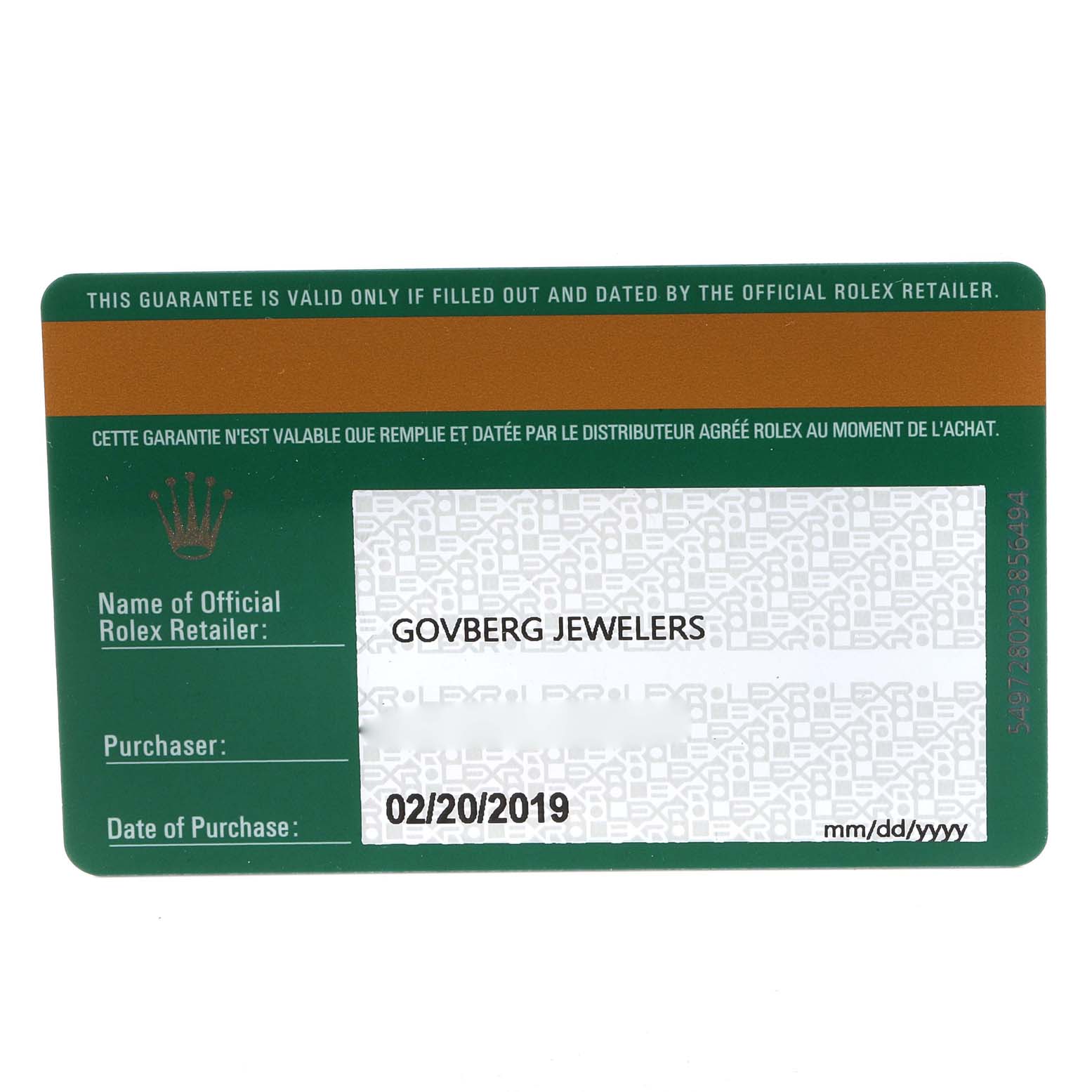This image shows a warranty card for a Rolex President 118135 Men's Rose Gold Brown Dial 118135 Men's Rose Gold Brown Dial model watch, issued by Govberg Jewelers dated 02/20/2019.