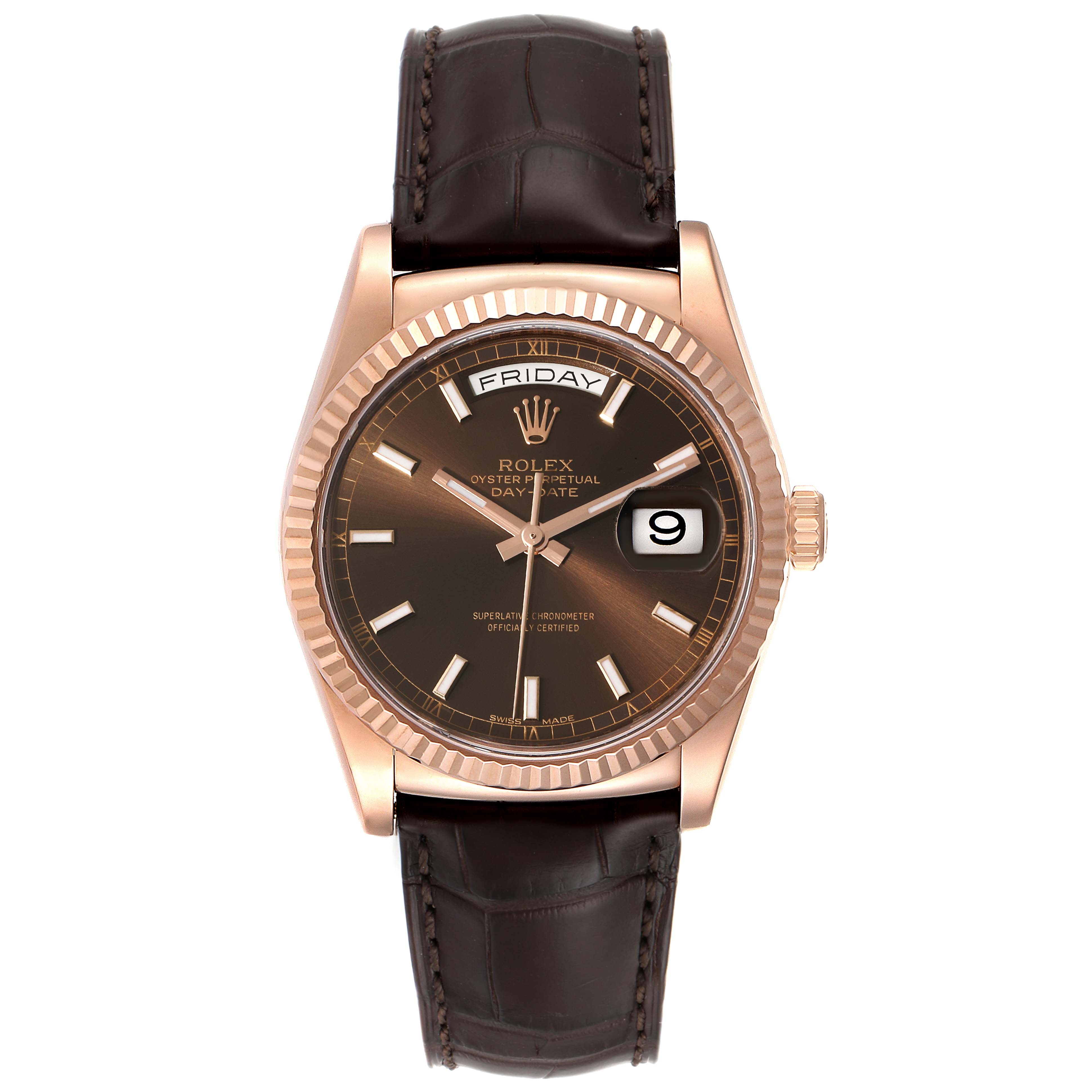 The image displays a frontal view of the Rolex President 118135 Men's Rose Gold Brown Dial 118135 Men's Rose Gold Brown Dial model watch, showcasing its face, bezel, crown, and brown leather strap.