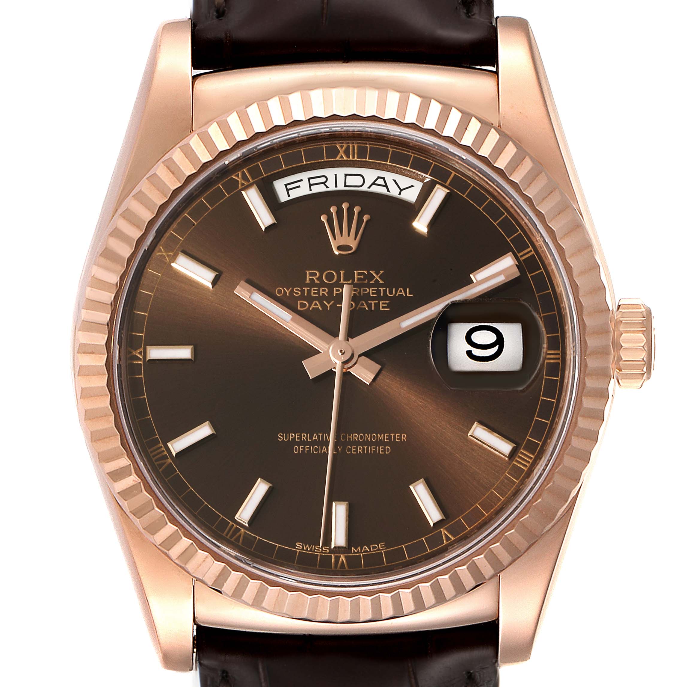 This image shows a front view of the face of a Rolex President 118135 Men's Rose Gold Brown Dial 118135 Men's Rose Gold Brown Dial model watch, highlighting the day and date features.