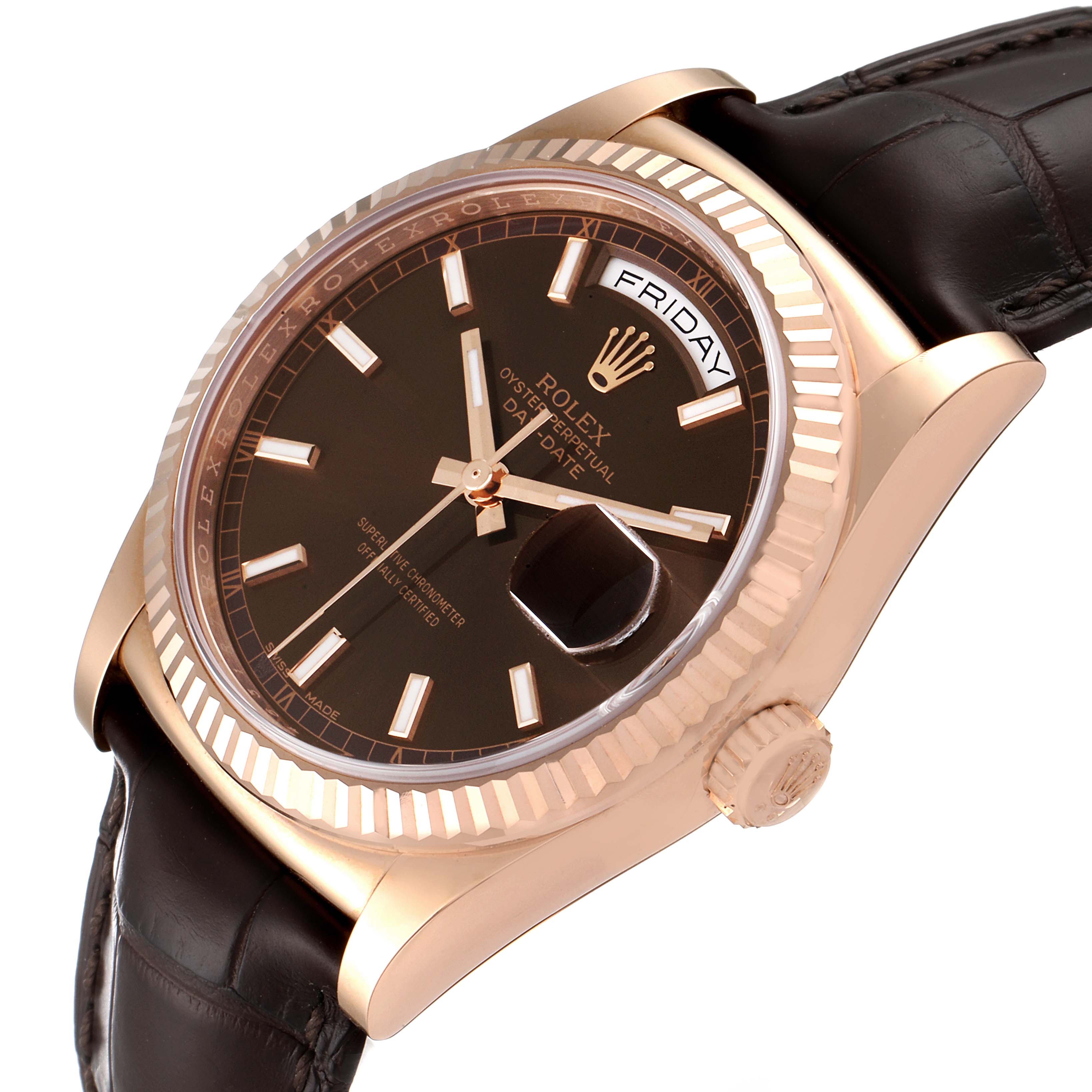 The image shows a close-up angle of a Rolex President 118135 Men's Rose Gold Brown Dial 118135 Men's Rose Gold Brown Dial model watch, focusing on the dial, bezel, case, crown, and leather strap.