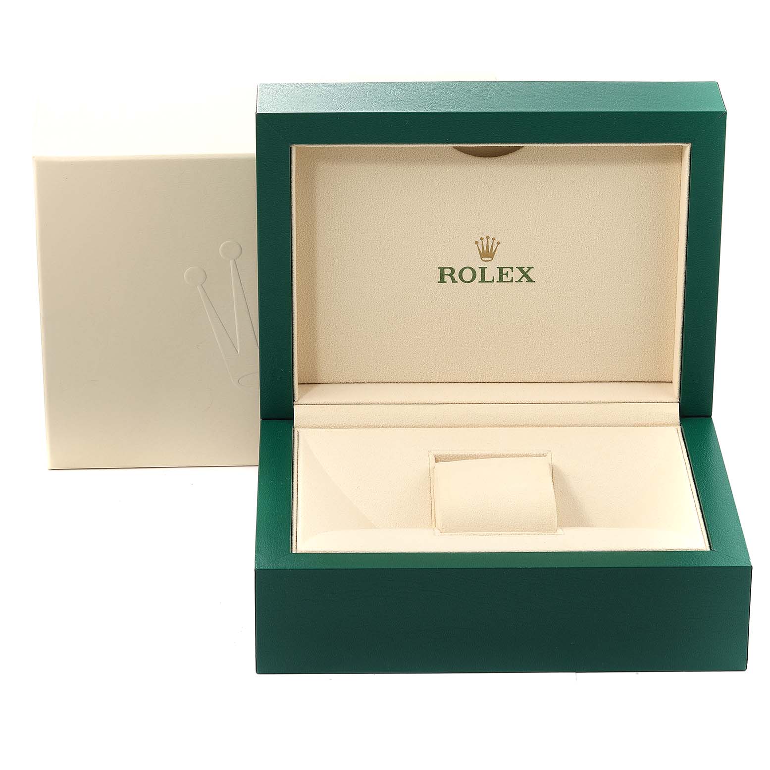 The image shows an open green and beige Rolex watch box for the President model.