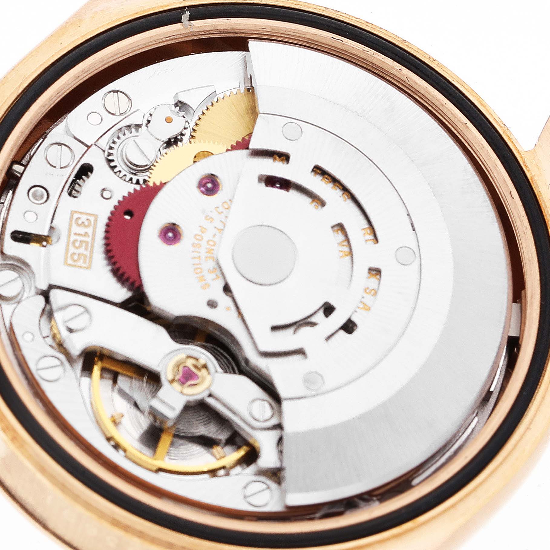 This image shows the internal movement parts of a Rolex President 118235 Men's Rose Gold Champagne Dial 118235 Men's Rose Gold Champagne Dial model watch from an overhead angle.