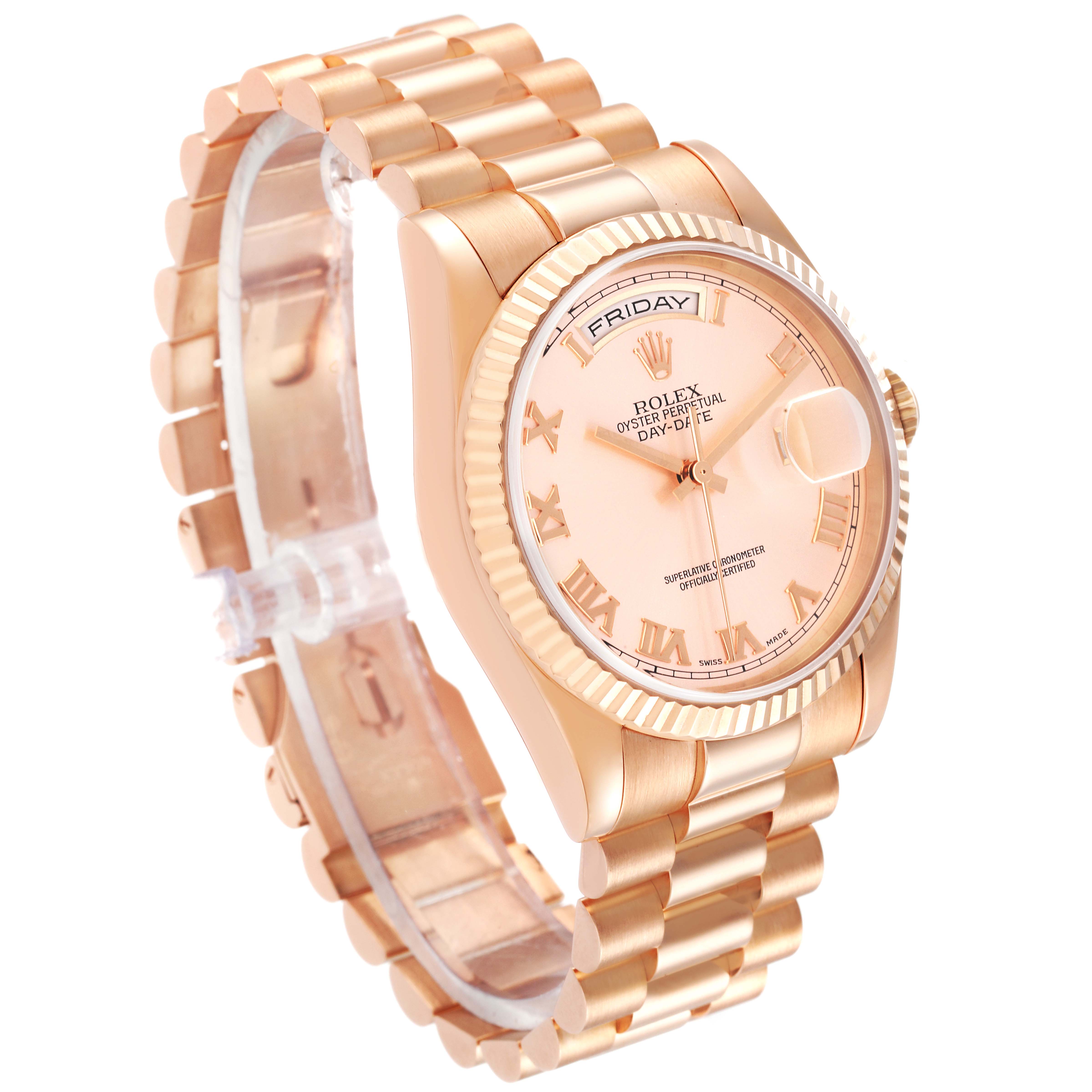 The image shows a Rolex President 118235 Men's Rose Gold Champagne Dial 118235 Men's Rose Gold Champagne Dial model watch at a three-quarter angle, highlighting the dial, bezel, and bracelet.
