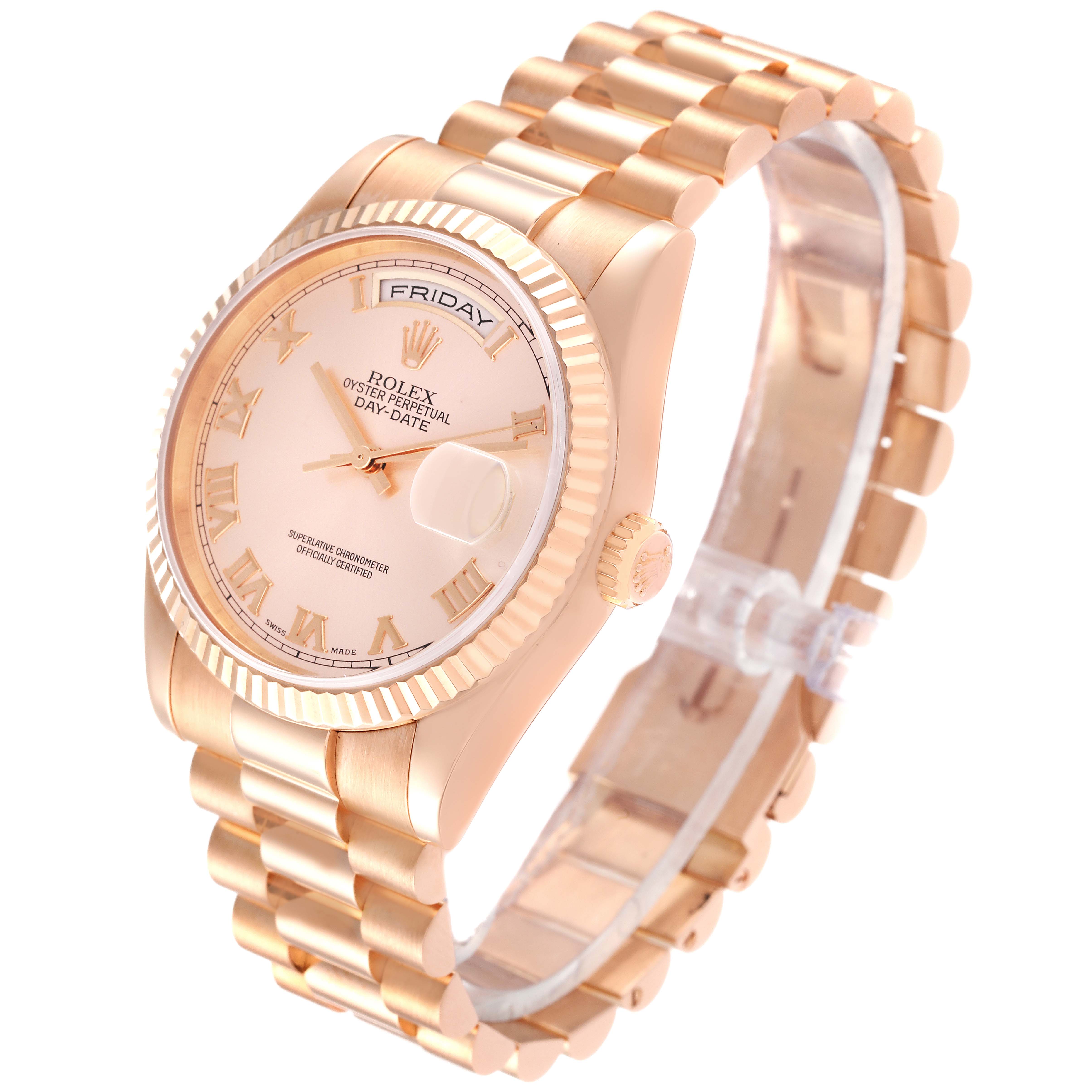 This image shows a side angle of the Rolex President 118235 Men's Rose Gold Champagne Dial 118235 Men's Rose Gold Champagne Dial model watch, highlighting the dial, bezel, crown, and bracelet.