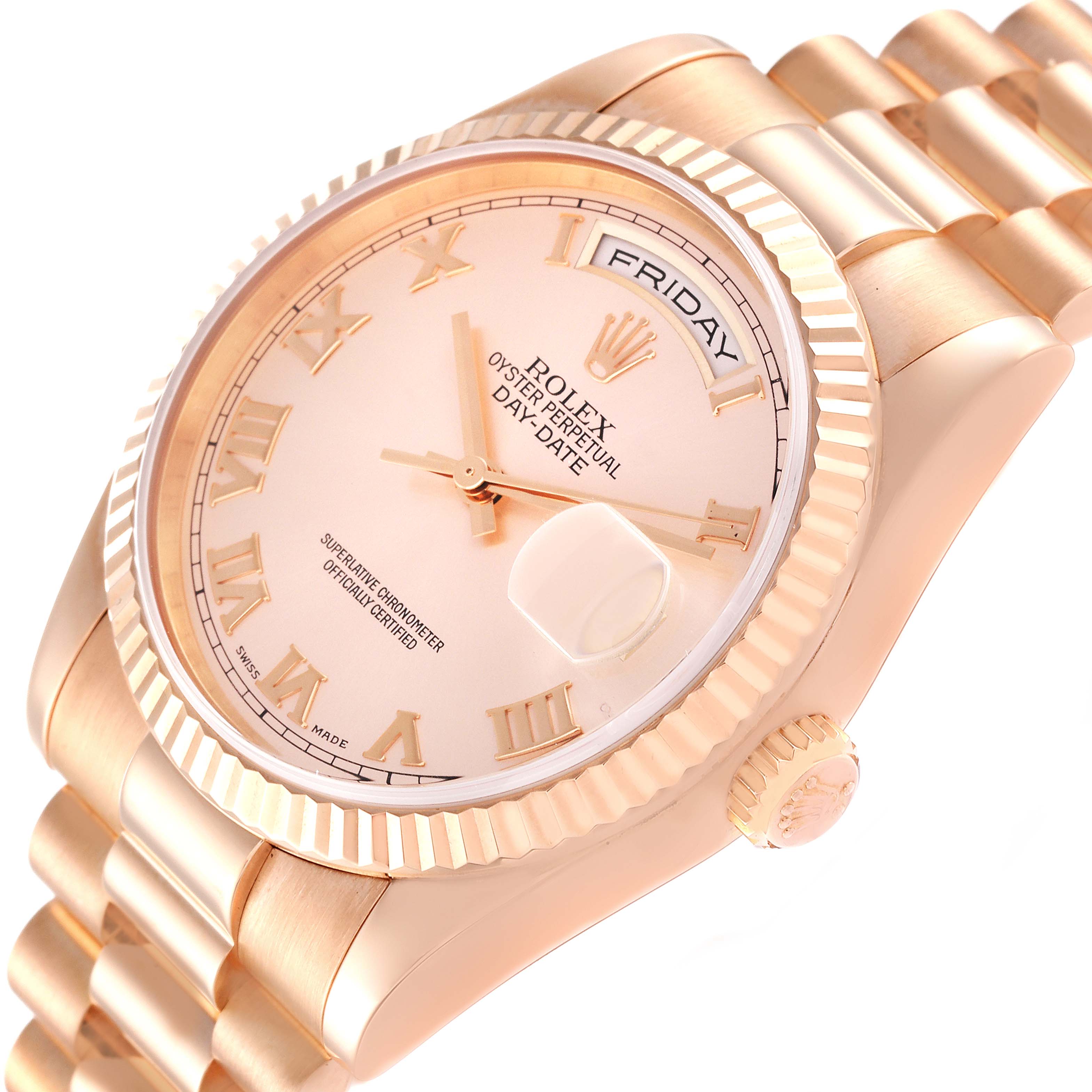 This image shows a close-up view of the Rolex President 118235 Men's Rose Gold Champagne Dial 118235 Men's Rose Gold Champagne Dial watch, highlighting the dial, bezel, crown, and part of the bracelet.