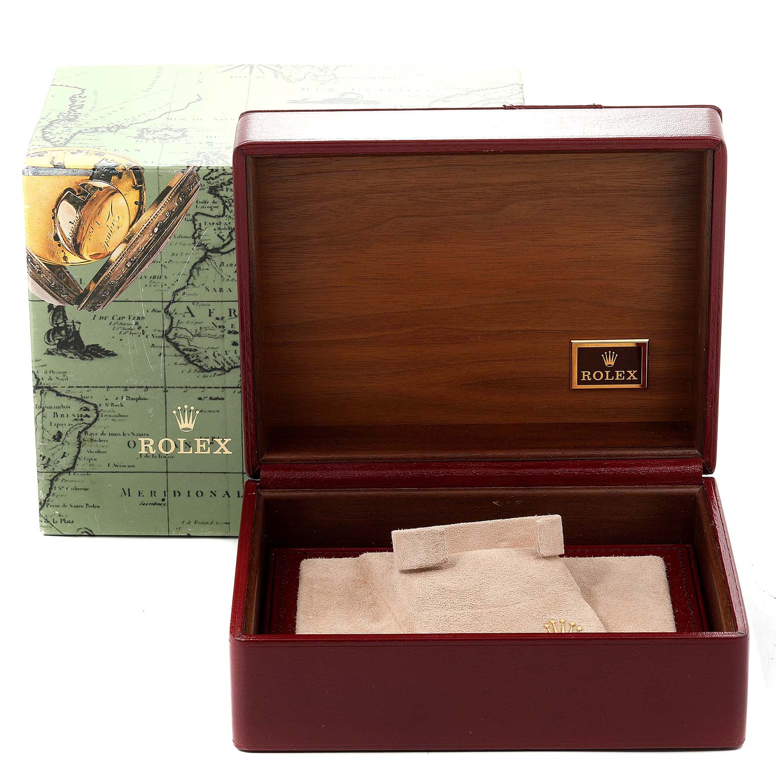 The image shows an open Rolex President 18388 Men
s Yellow Gold Champagne Dial 18388 Men
s Yellow Gold Champagne Dial model watch box with a green outer box beside it.