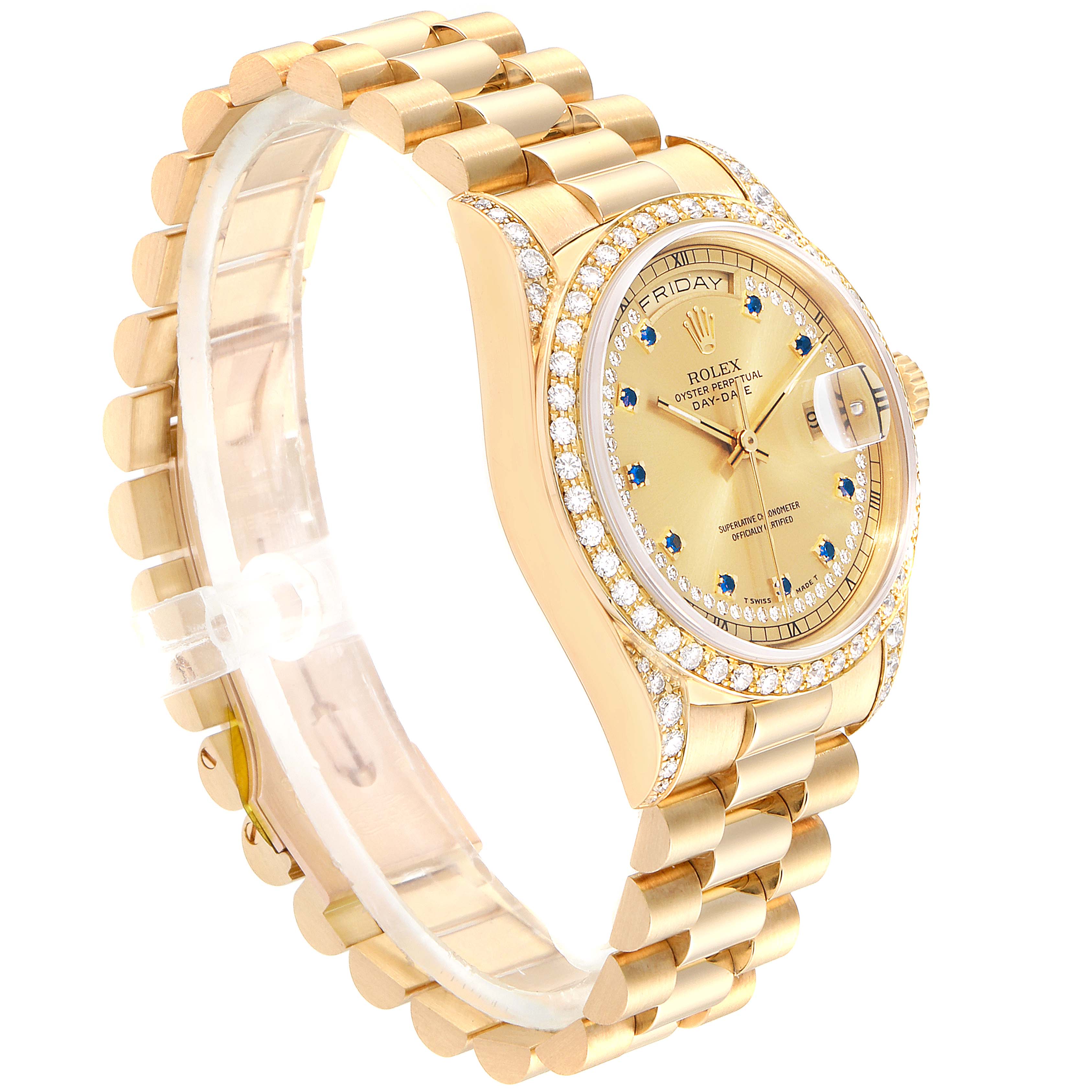 The image shows a side view of the Rolex President 18388 Men
s Yellow Gold Champagne Dial 18388 Men
s Yellow Gold Champagne Dial model watch, highlighting its gold bracelet, adorned bezel, and dial.