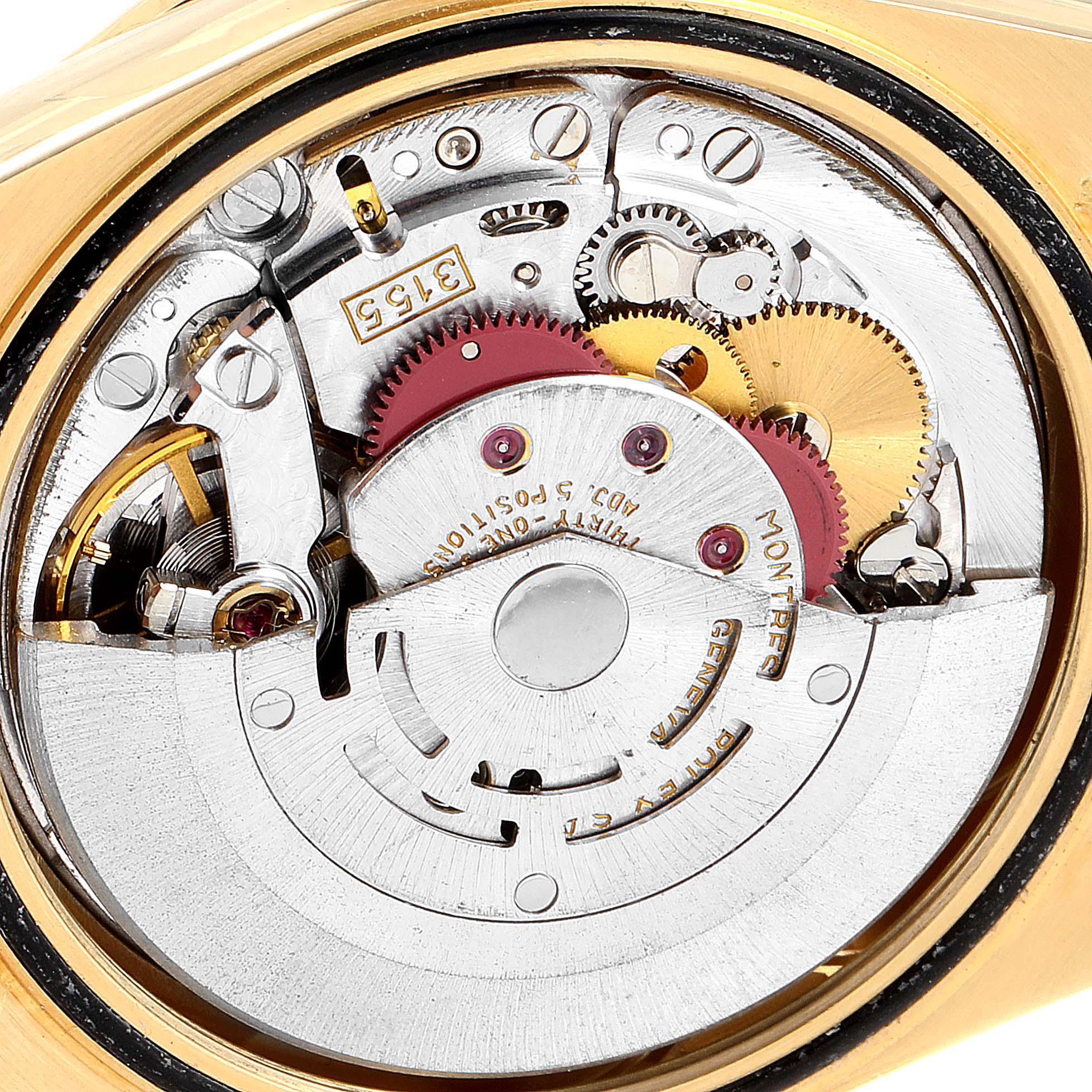This image shows a close-up view of the Rolex President 18388 Men
s Yellow Gold Champagne Dial 18388 Men
s Yellow Gold Champagne Dial watch
s inner movement and mechanical components.