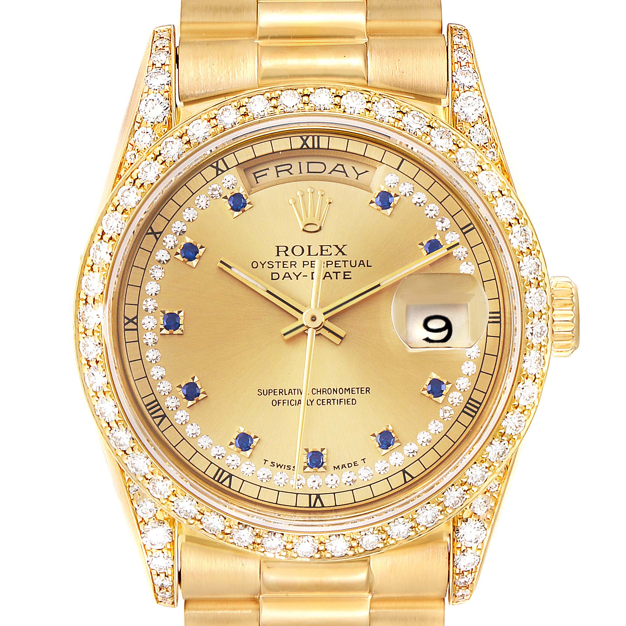 The image shows a frontal view of a Rolex President 18388 Men
s Yellow Gold Champagne Dial 18388 Men
s Yellow Gold Champagne Dial Day-Date watch, highlighting its gold finish, diamond bezel, and day-date display.