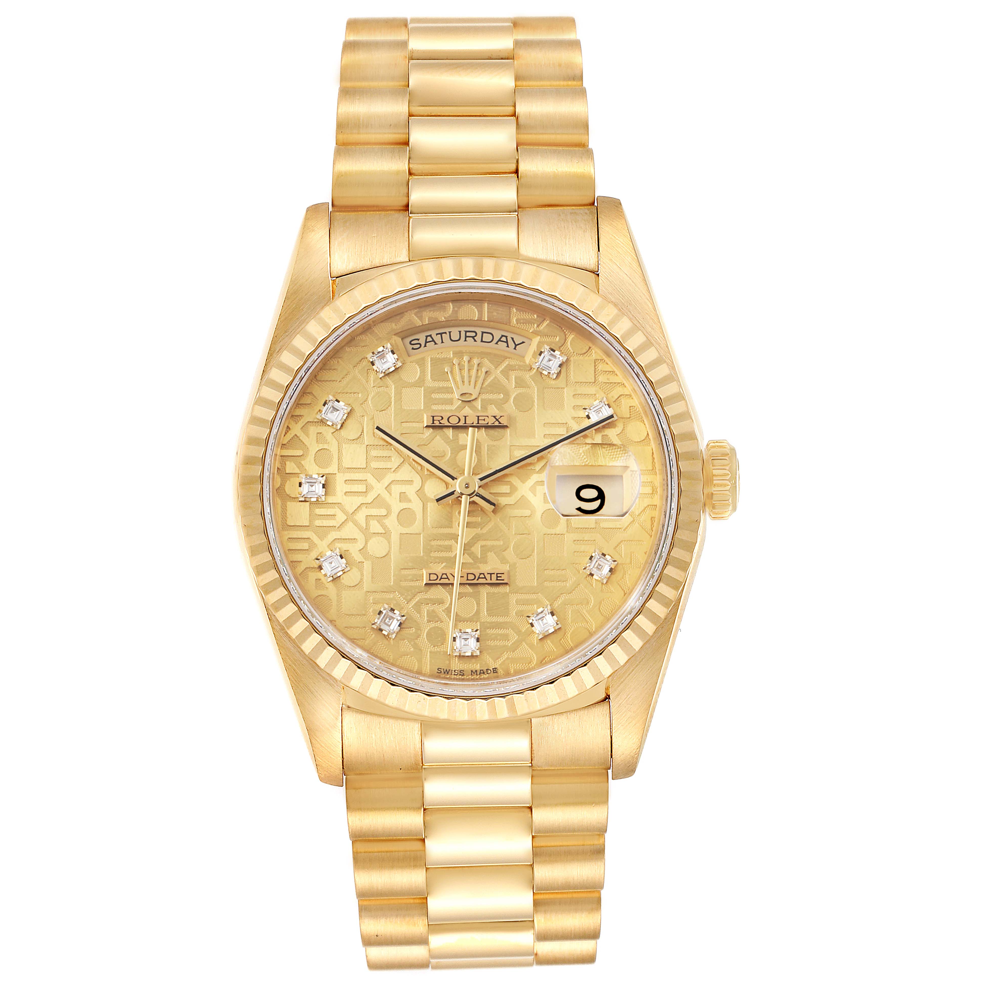 The image shows a frontal view of the Rolex President 18238 Men
s Yellow Gold Champagne Dial 18238 Men
s Yellow Gold Champagne Dial model watch, displaying its gold band, face, and diamond hour markers.