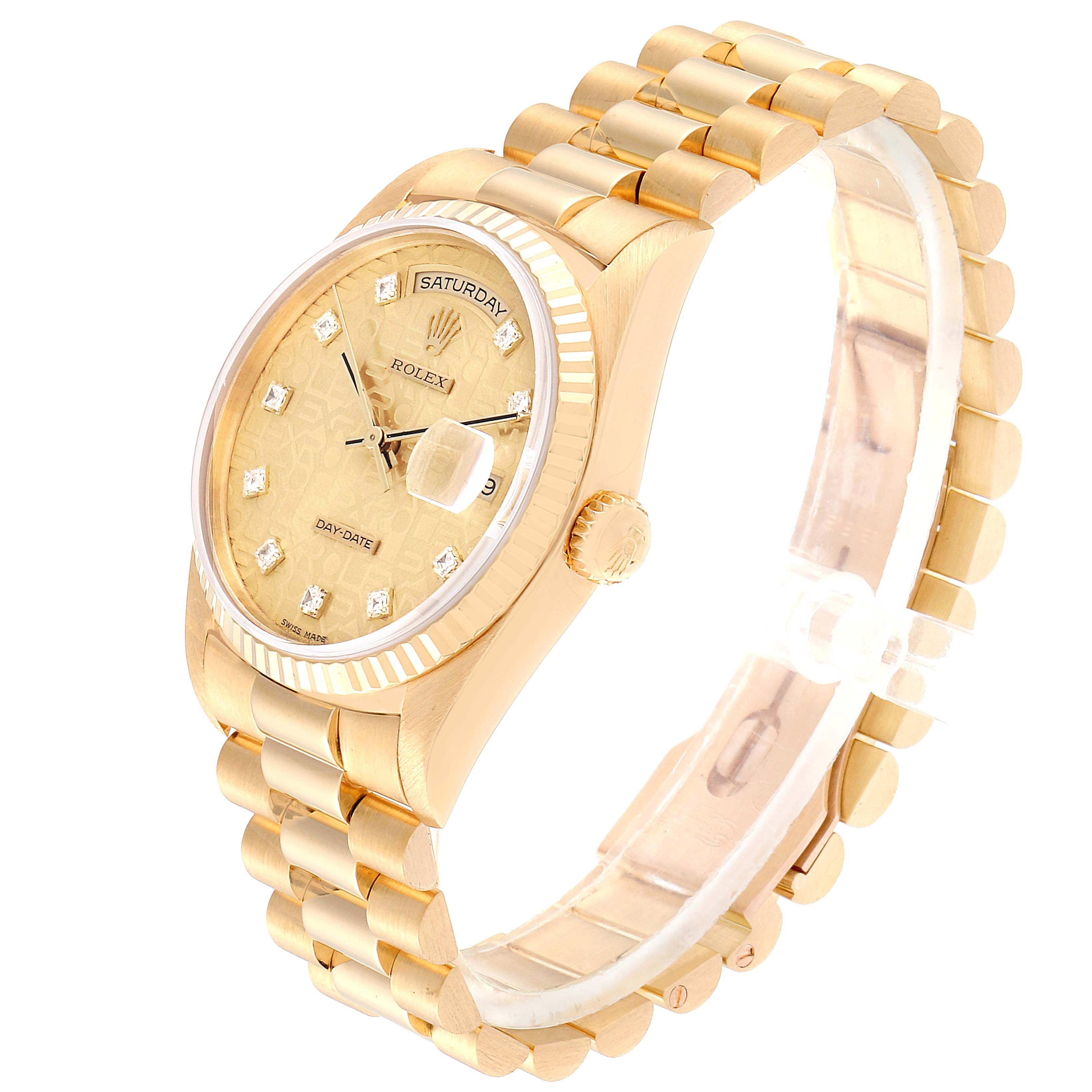 The image shows a Rolex President 18238 Men
s Yellow Gold Champagne Dial 18238 Men
s Yellow Gold Champagne Dial model watch from a three-quarter angle, highlighting its gold case, bracelet, and diamond hour markers.