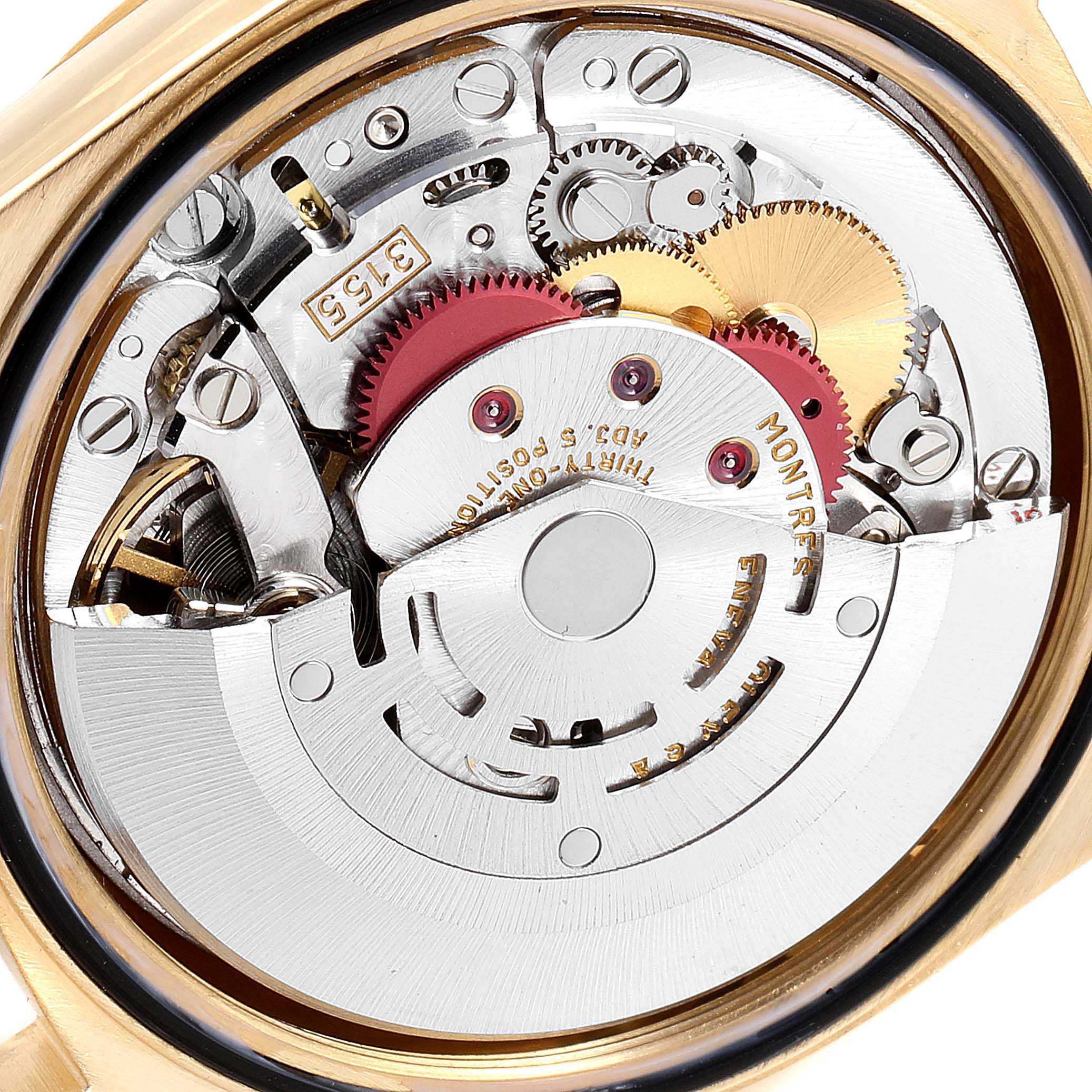 This image shows the movement mechanism of a Rolex President 18238 Men
s Yellow Gold Champagne Dial 18238 Men
s Yellow Gold Champagne Dial model watch from a close-up, back angle.