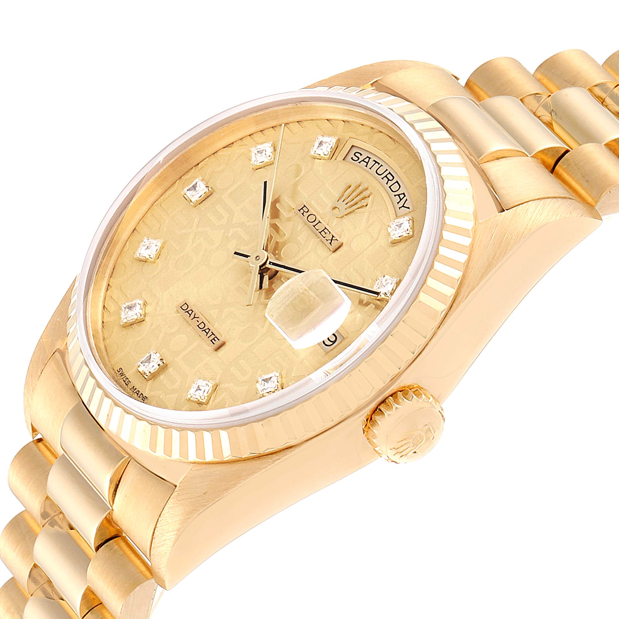 This image shows a close-up angled view of the Rolex President 18238 Men
s Yellow Gold Champagne Dial 18238 Men
s Yellow Gold Champagne Dial model, highlighting its gold case, crown, and diamond-studded dial.