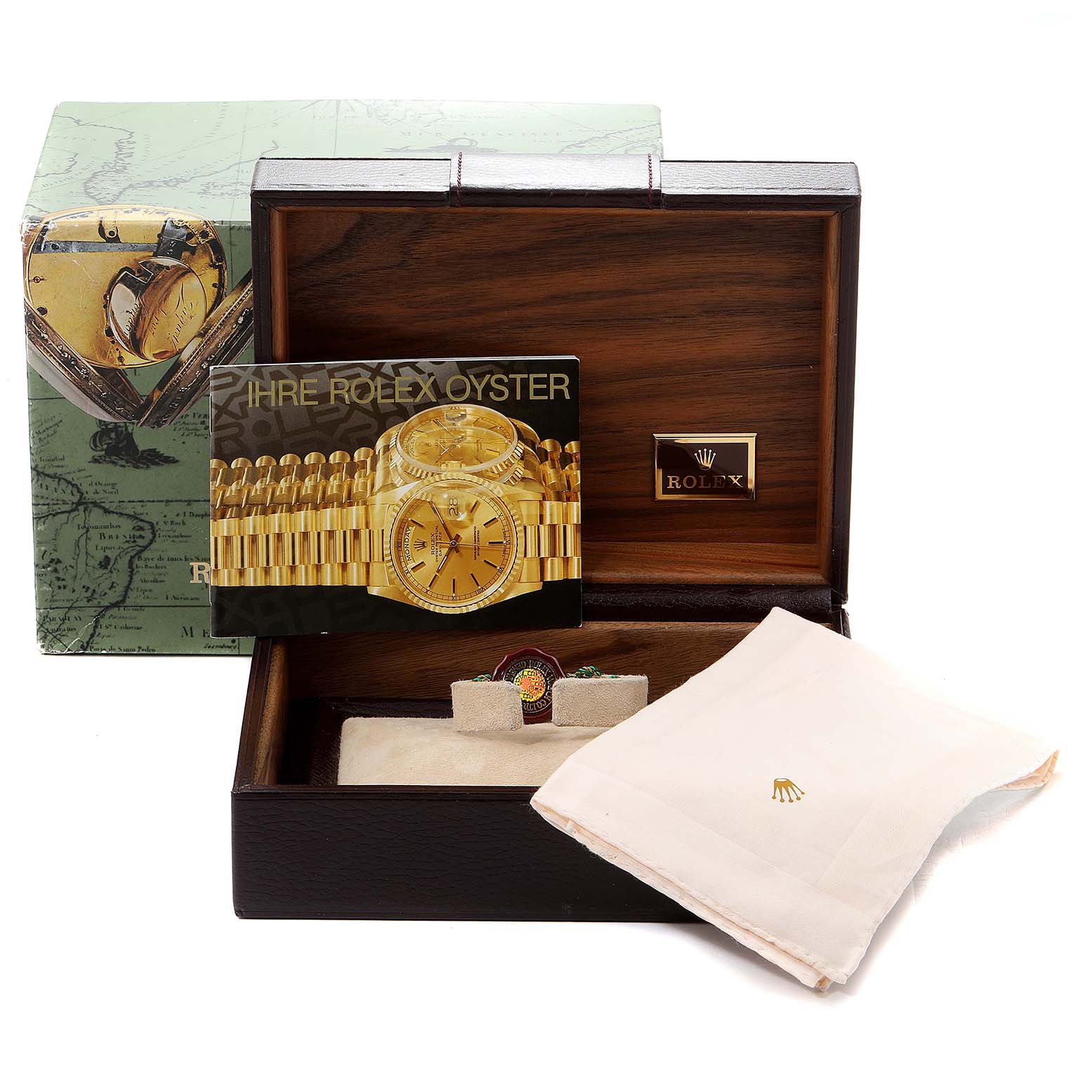 The image shows a Rolex President 18238 Men
s Yellow Gold Champagne Dial 18238 Men
s Yellow Gold Champagne Dial model watch case with its outer box, booklet, and cloth, viewed from the front angle.