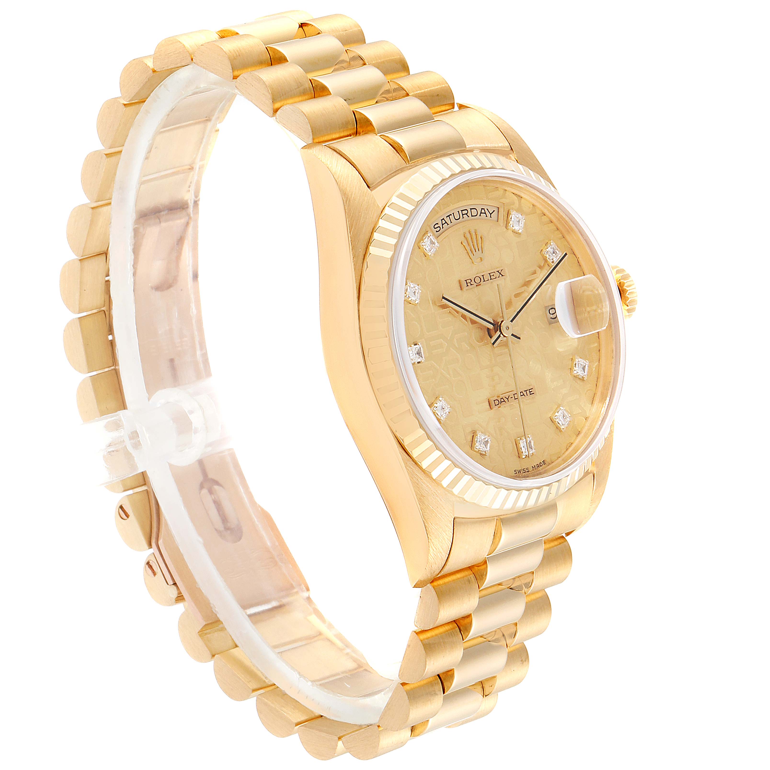 The image shows a side angle of the Rolex President 18238 Men
s Yellow Gold Champagne Dial 18238 Men
s Yellow Gold Champagne Dial model watch, displaying its gold bracelet and diamond-studded dial.