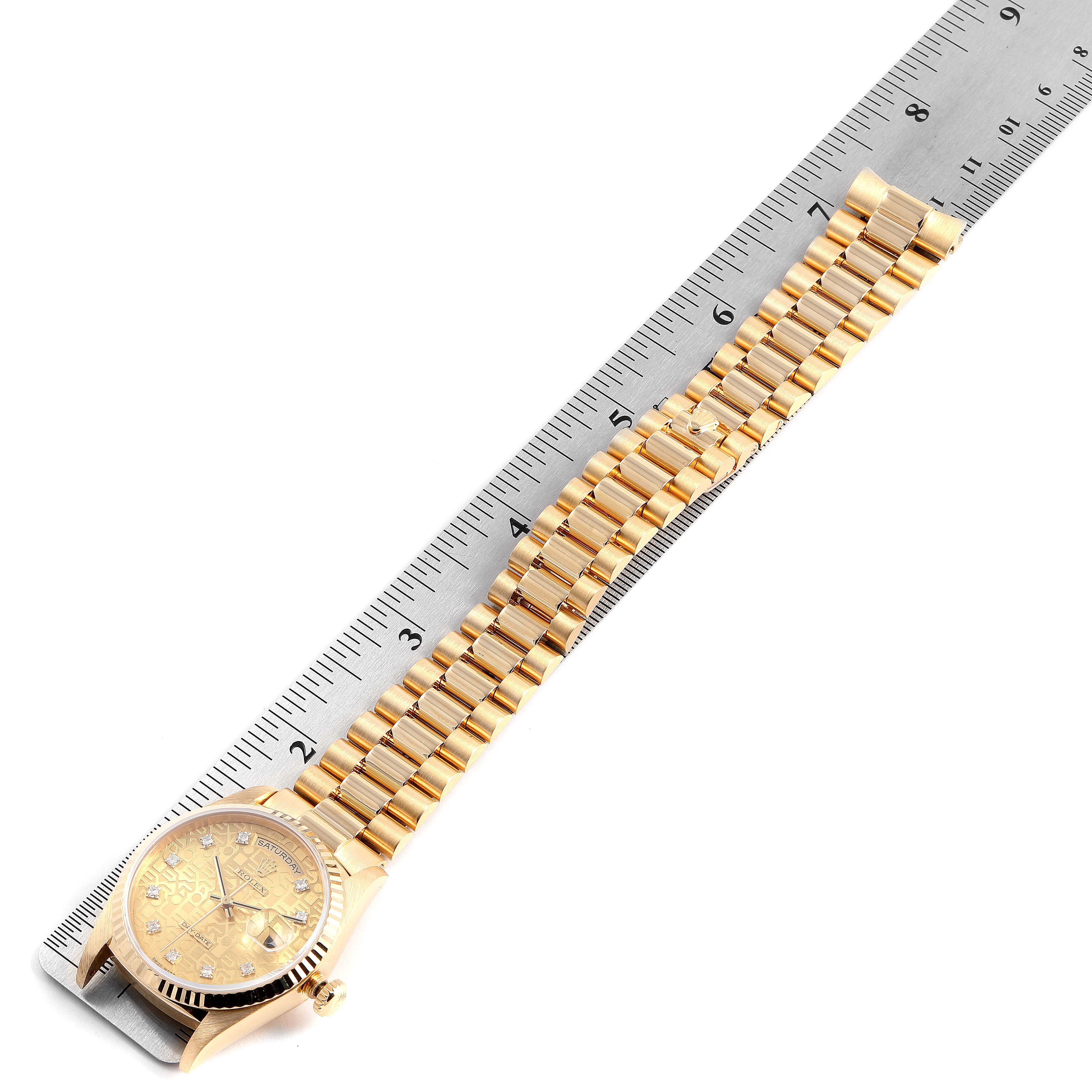 The image shows a Rolex President 18238 Men
s Yellow Gold Champagne Dial 18238 Men
s Yellow Gold Champagne Dial model watch, with the watch face and full bracelet displayed alongside a measuring ruler.