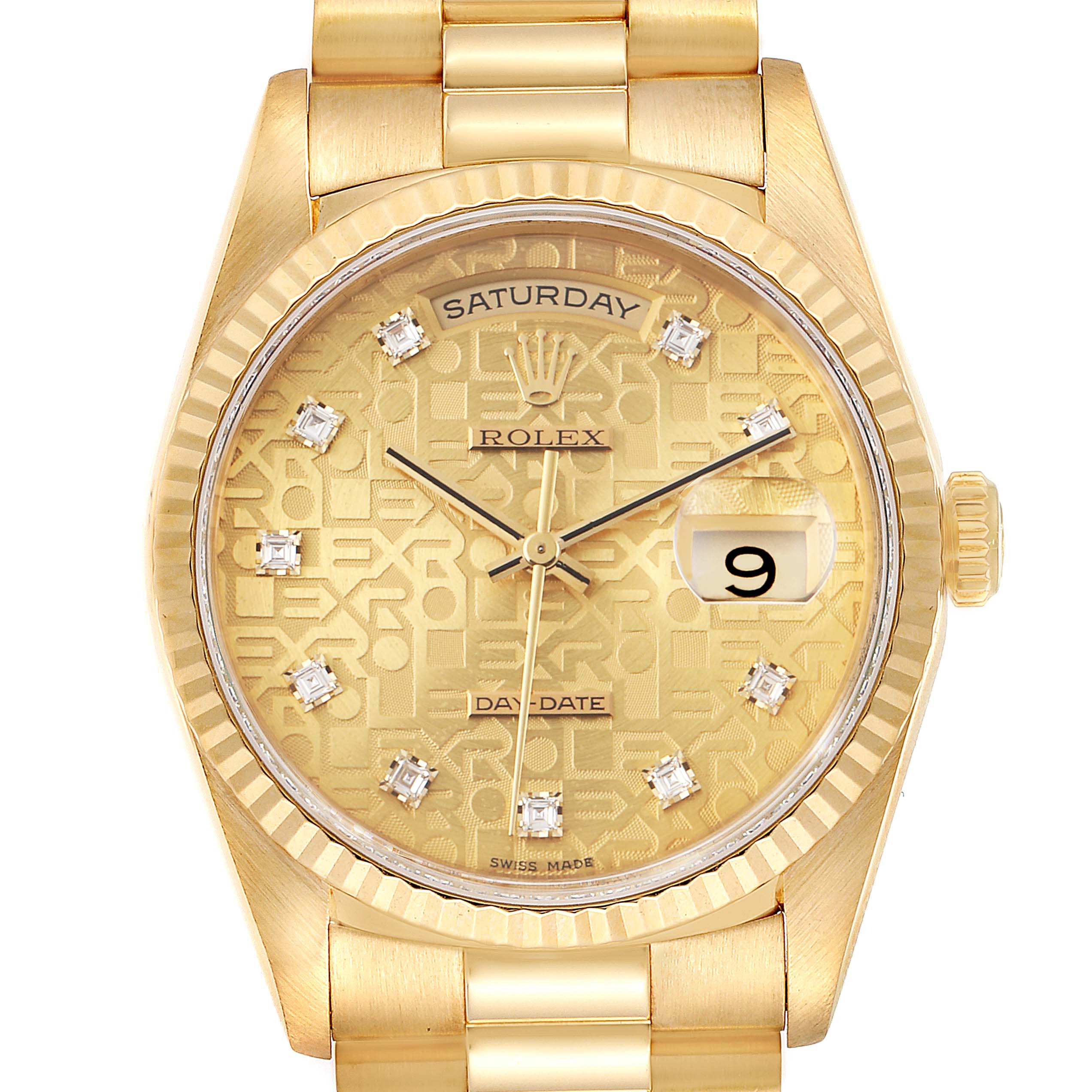 This Rolex President 18238 Men
s Yellow Gold Champagne Dial 18238 Men
s Yellow Gold Champagne Dial watch is shown from the front, highlighting the gold dial, day and date windows, and diamond hour markers.