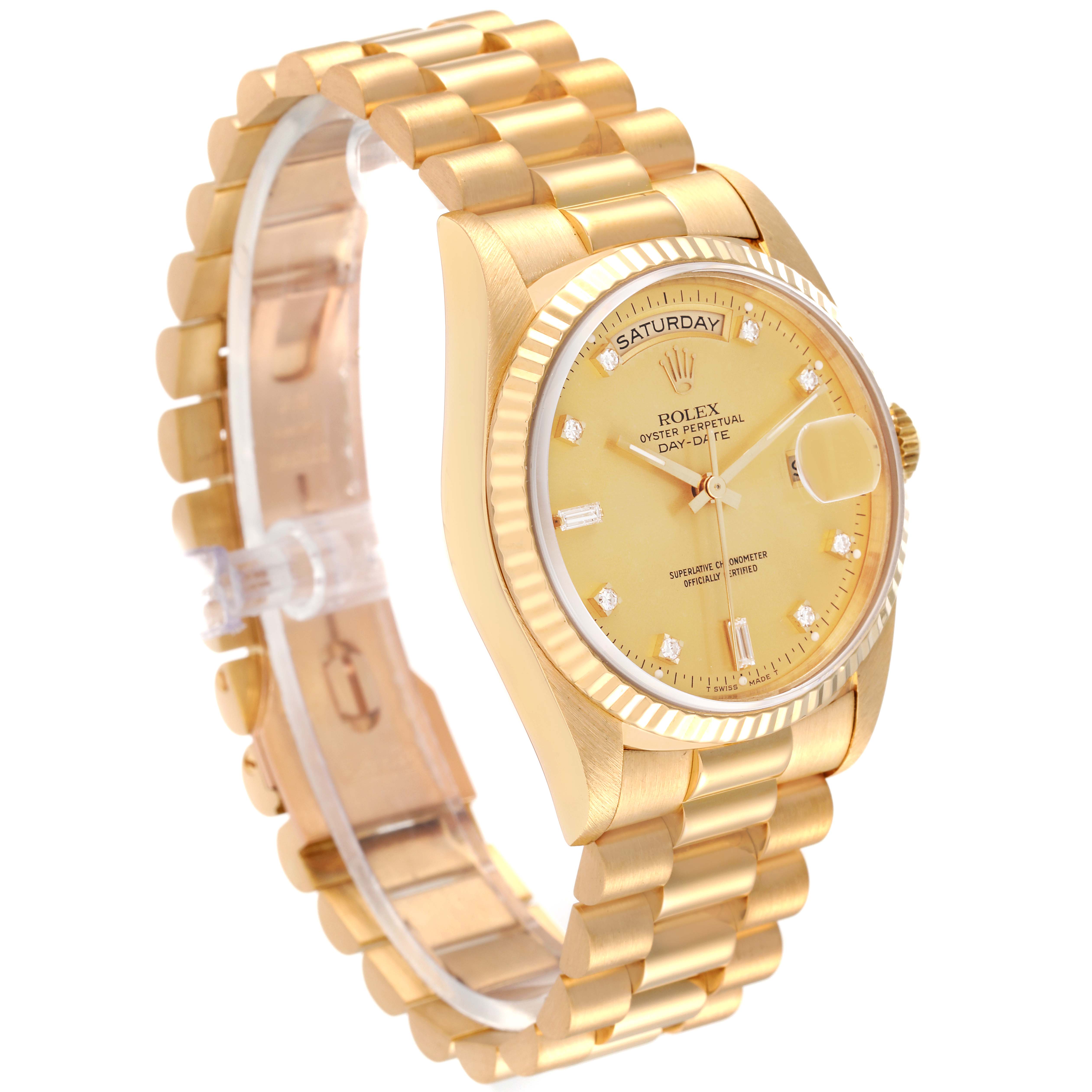 This image shows a Rolex President 18238 Men's Yellow Gold Champagne Dial 18238 Men's Yellow Gold Champagne Dial model watch from an angled side view, highlighting its gold band, dial, and bezel.