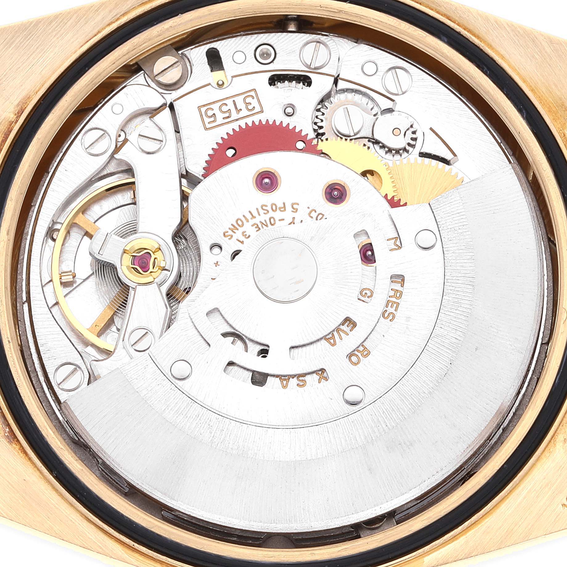 The image shows the internal mechanism of the Rolex President 18238 Men's Yellow Gold Champagne Dial 18238 Men's Yellow Gold Champagne Dial model watch from a top-down angle.