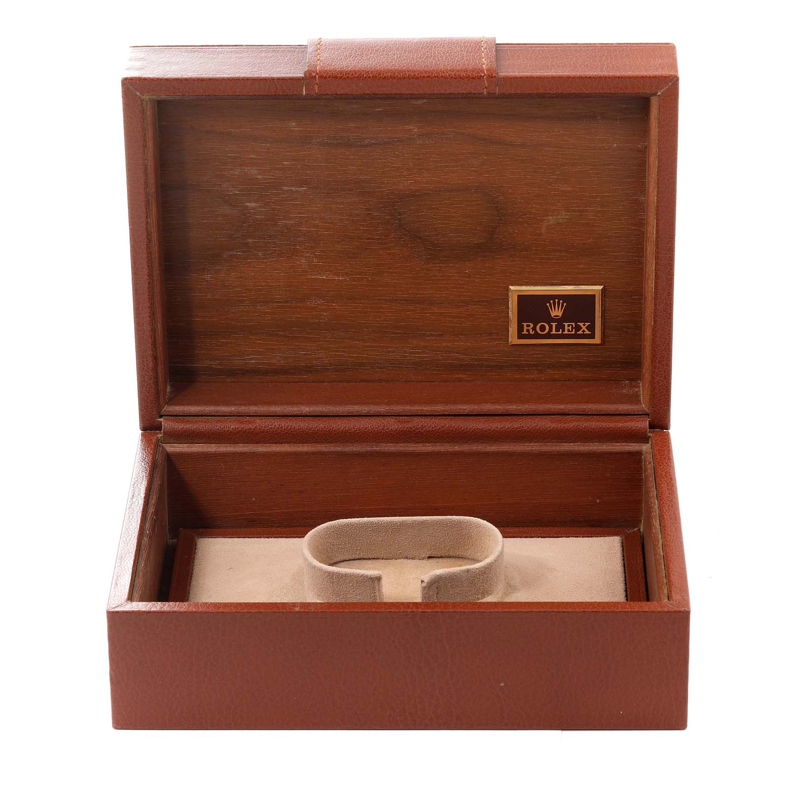 This image shows an open wooden box for a Rolex President 18238 Men's Yellow Gold Champagne Dial 18238 Men's Yellow Gold Champagne Dial watch, with a cushion for the watch inside.