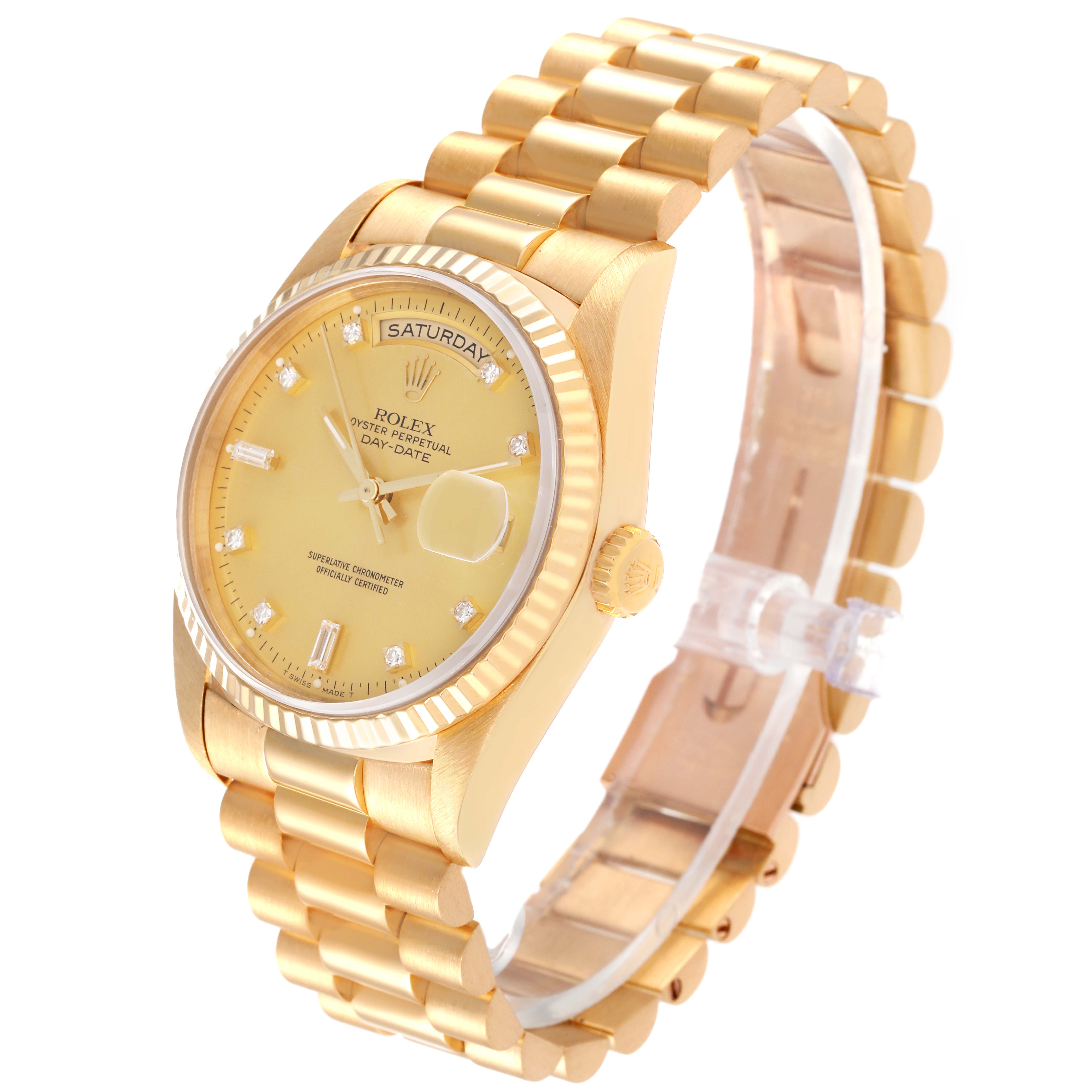 The Rolex President 18238 Men's Yellow Gold Champagne Dial 18238 Men's Yellow Gold Champagne Dial watch is shown at a three-quarter angle, highlighting its gold case, bracelet, dial, and fluted bezel.
